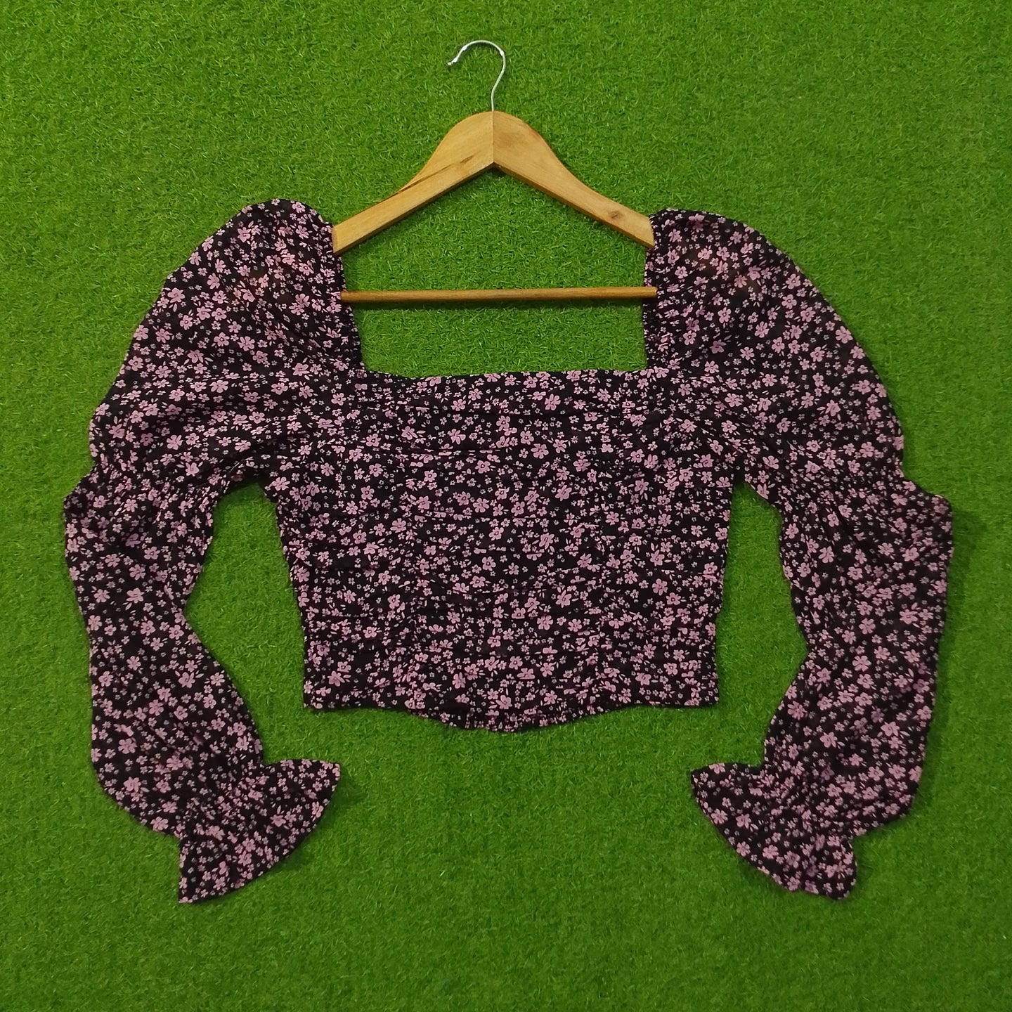 Pink Ditsy Floral Square Neck Crop Top with Flared Sleeves