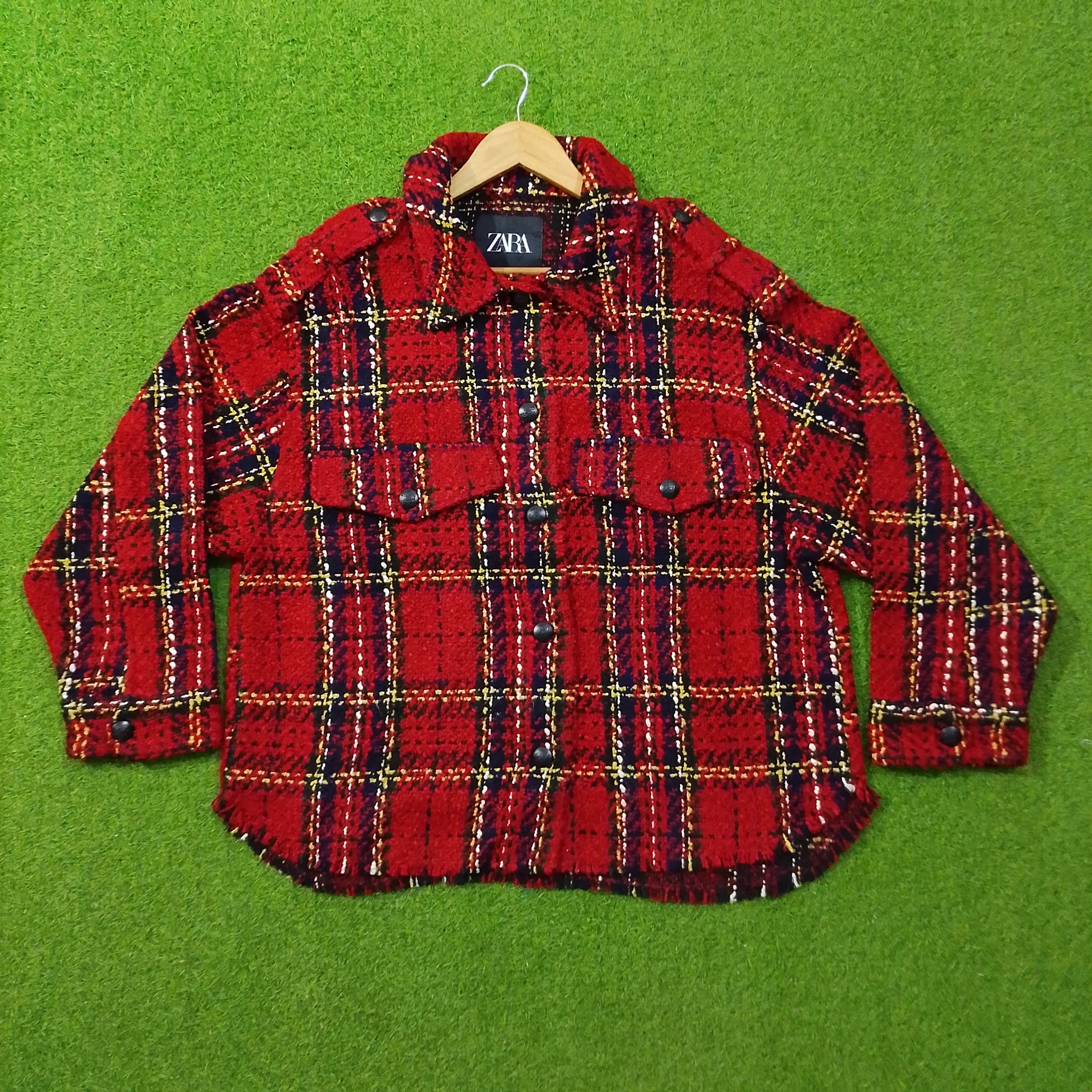 Red Tartan Plaid Textured Button-Down Shirt with Dual Chest Pockets