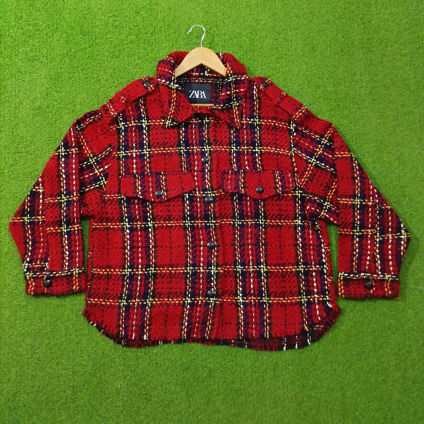 Red Tartan Plaid Textured Button-Down Shirt with Dual Chest Pockets