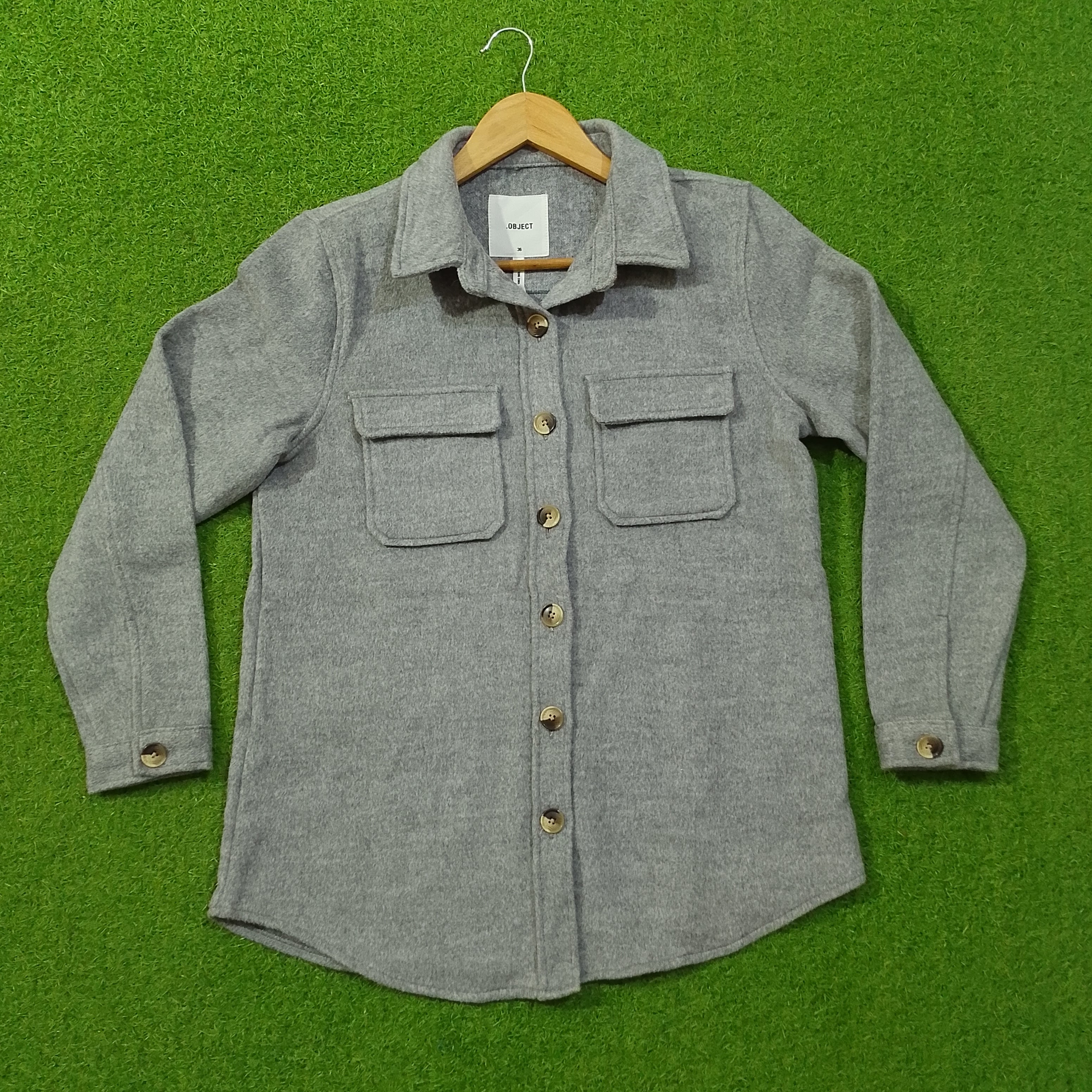 Grey Solid Wool-Blend Button-Down Shirt - Front View