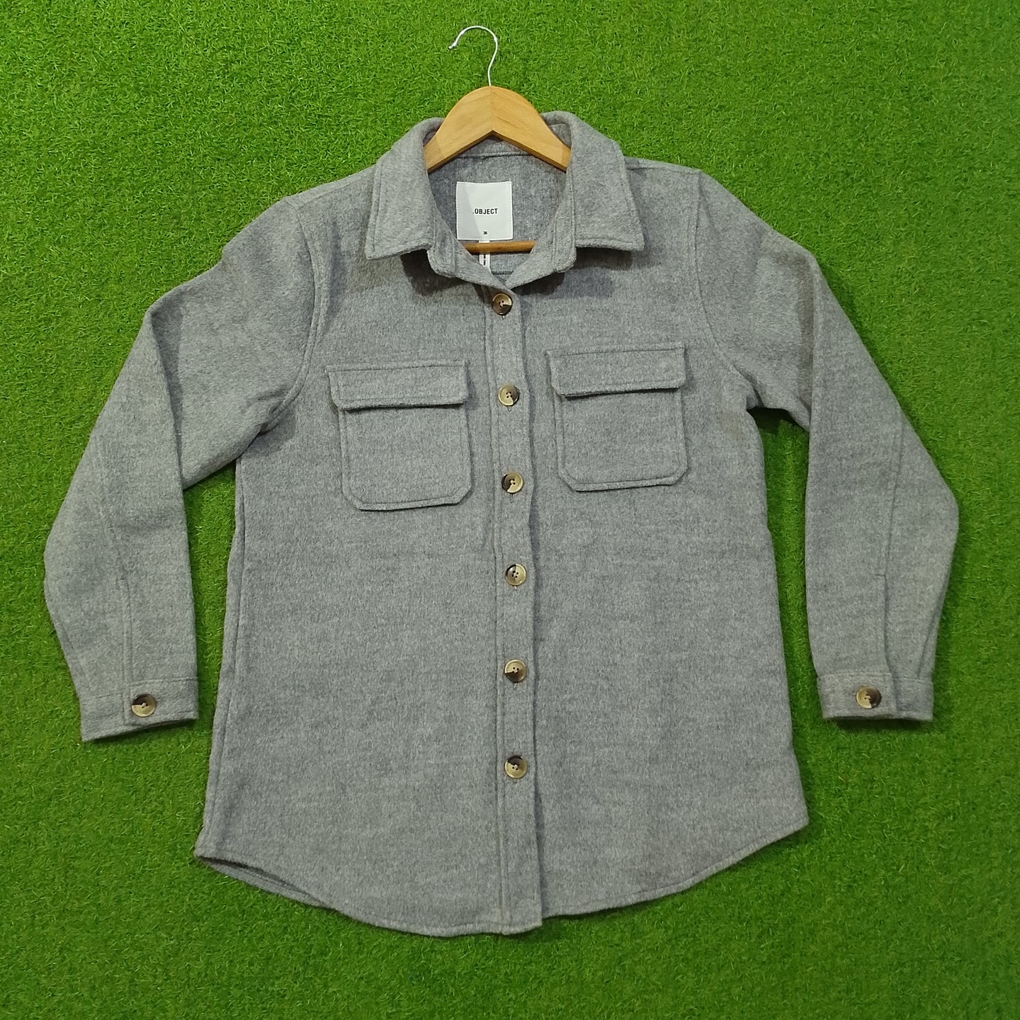 Grey Solid Wool-Blend Button-Down Shirt - Front View