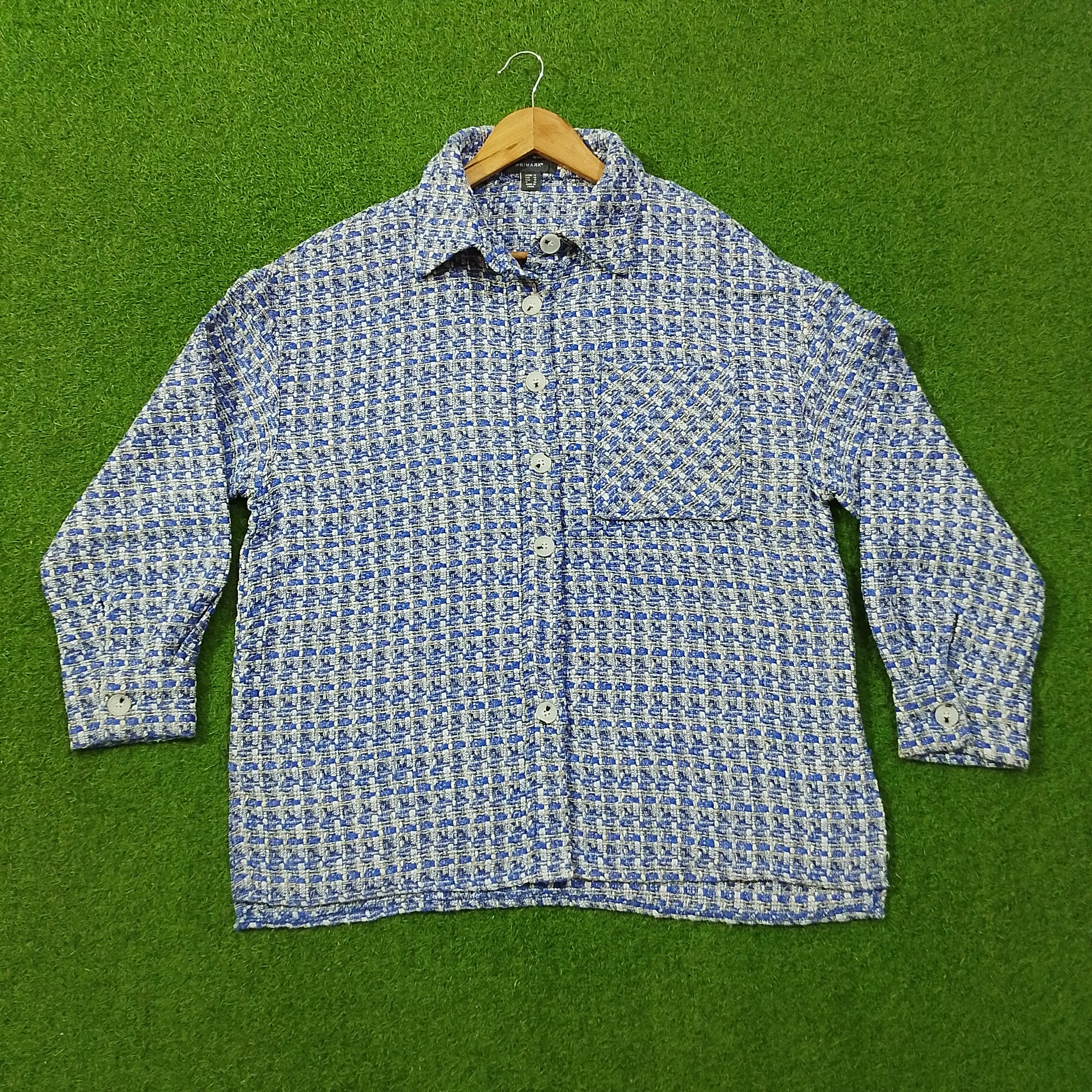 Blue Houndstooth Tweed Button-Down Shirt - Front View