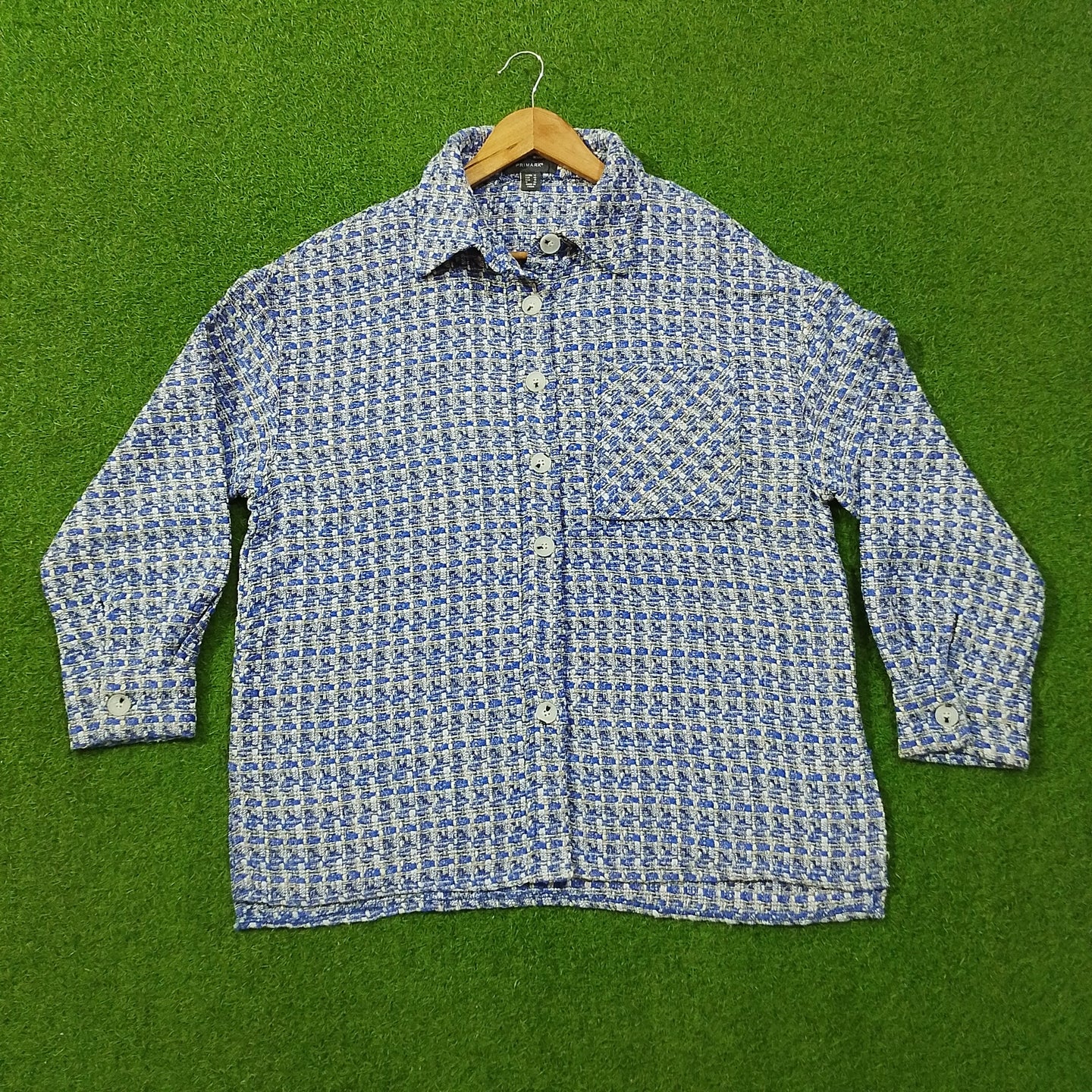 Blue Houndstooth Tweed Button-Down Shirt - Front View
