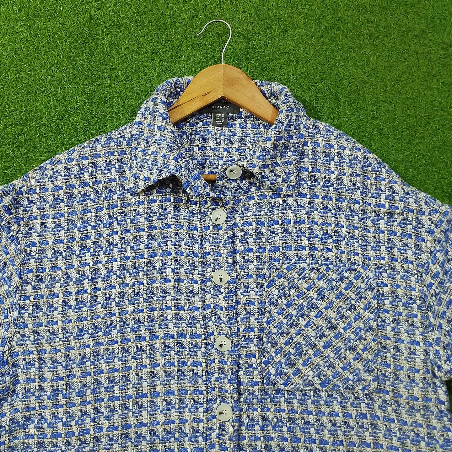 Blue Houndstooth Tweed Button-Down Shirt - Detail View