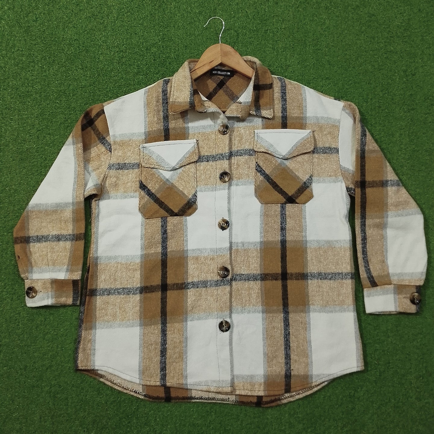 Beige Plaid Check Button-Down Shirt - Detail View