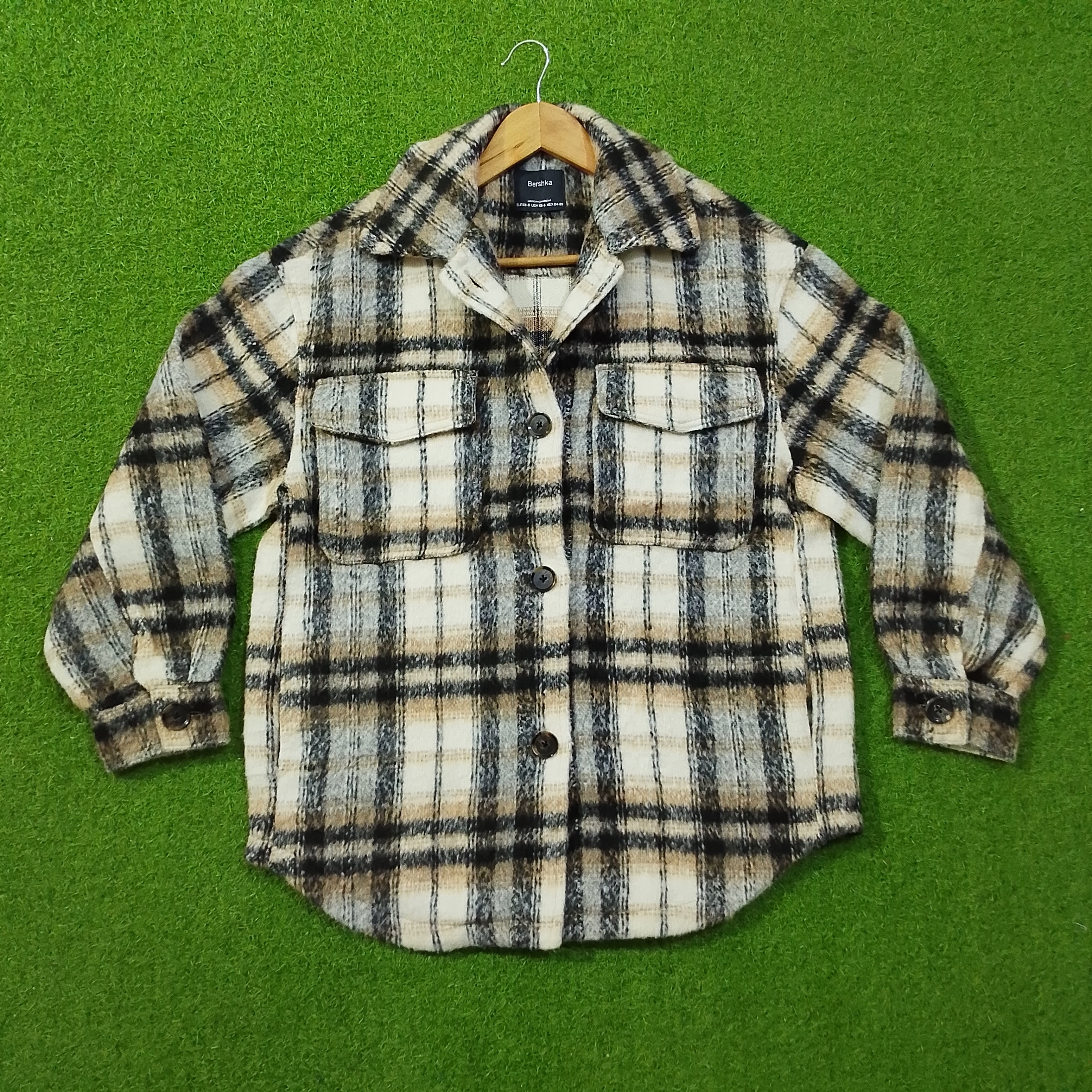 Cream Plaid Check Button-Down Shirt - Front View