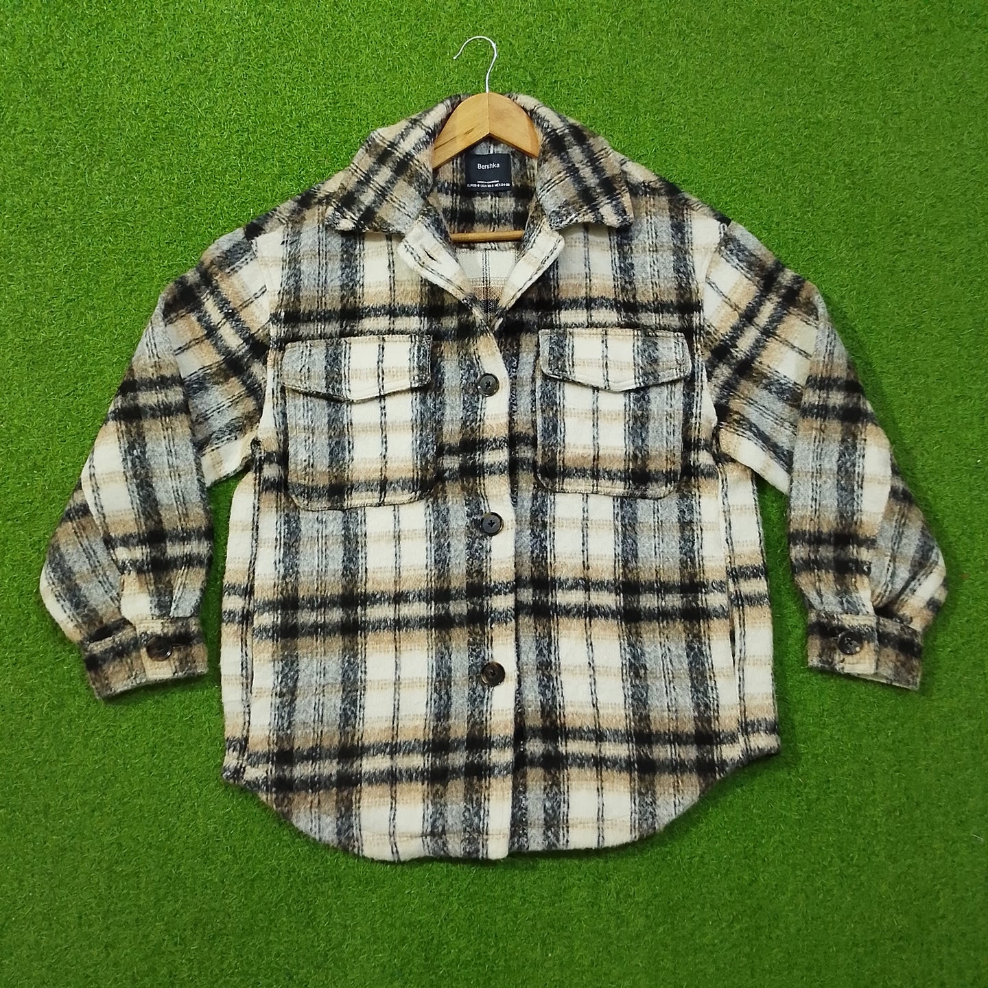Cream Plaid Check Button-Down Shirt - Front View