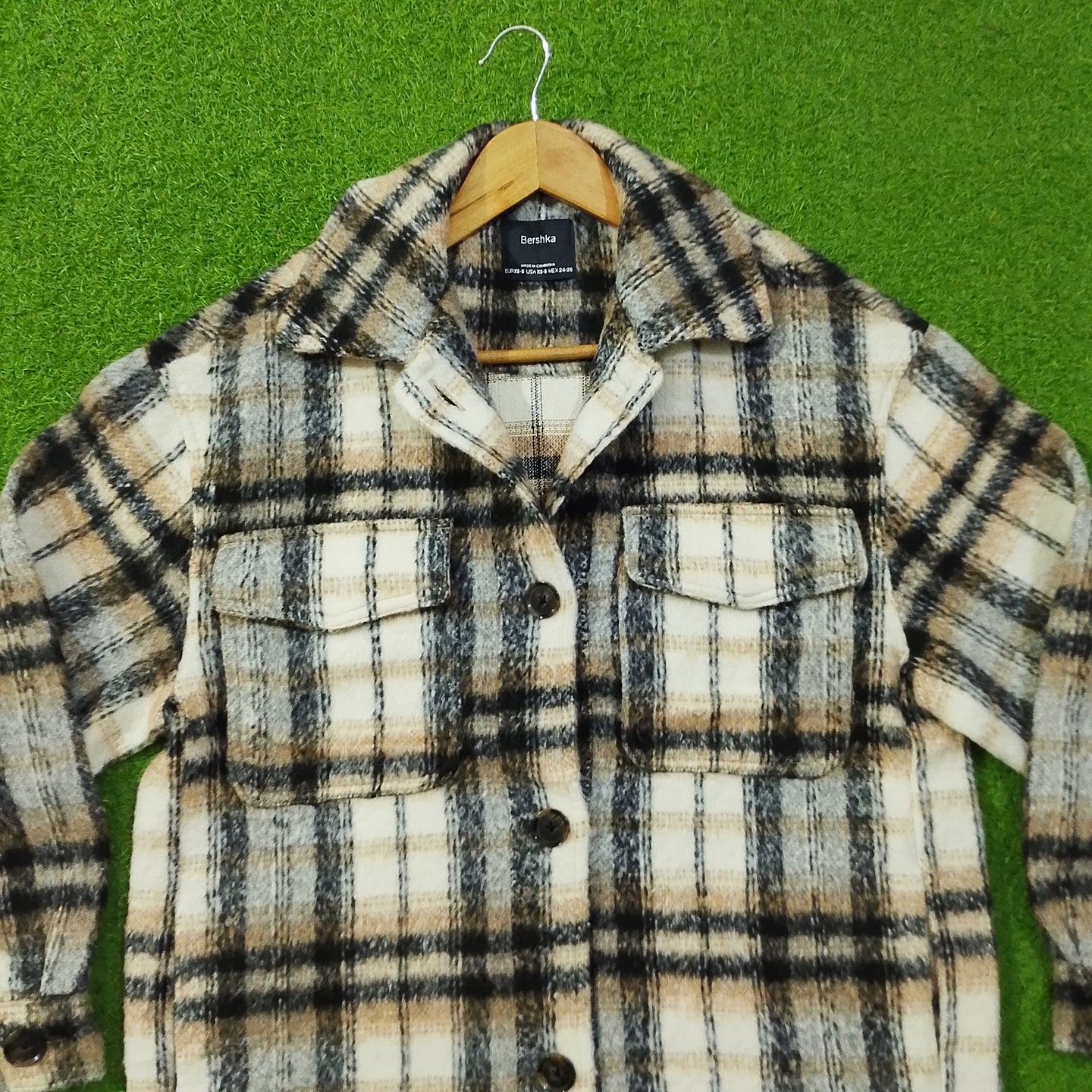 Cream Plaid Check Button-Down Shirt - Detail View