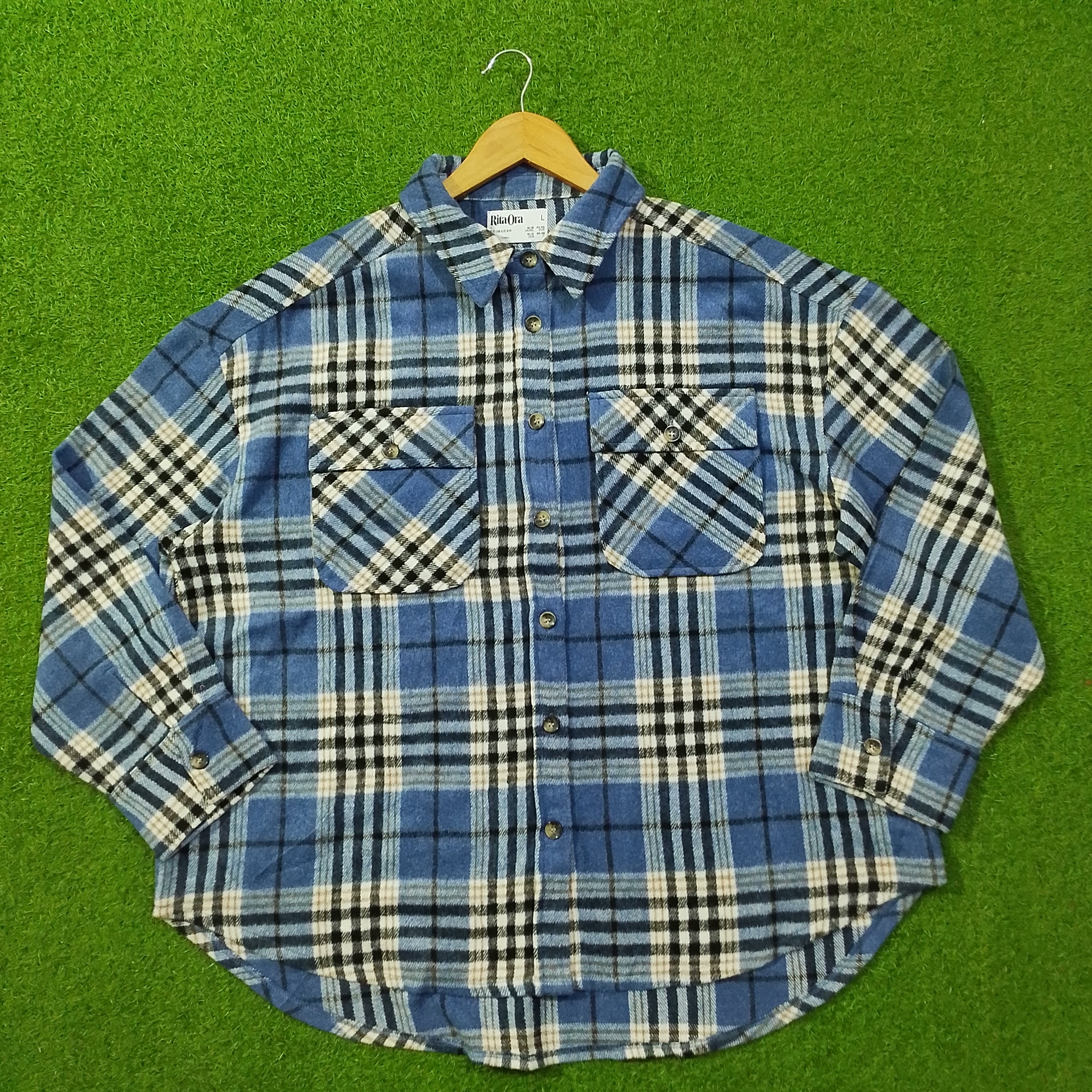Blue Plaid Drop-Shoulder Flannel Button-Down Shirt - Front View