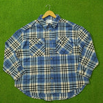 Blue Plaid Drop-Shoulder Flannel Button-Down Shirt - Front View