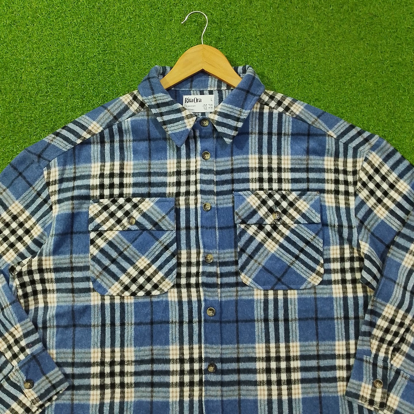 Blue Plaid Drop-Shoulder Flannel Button-Down Shirt - Detail View