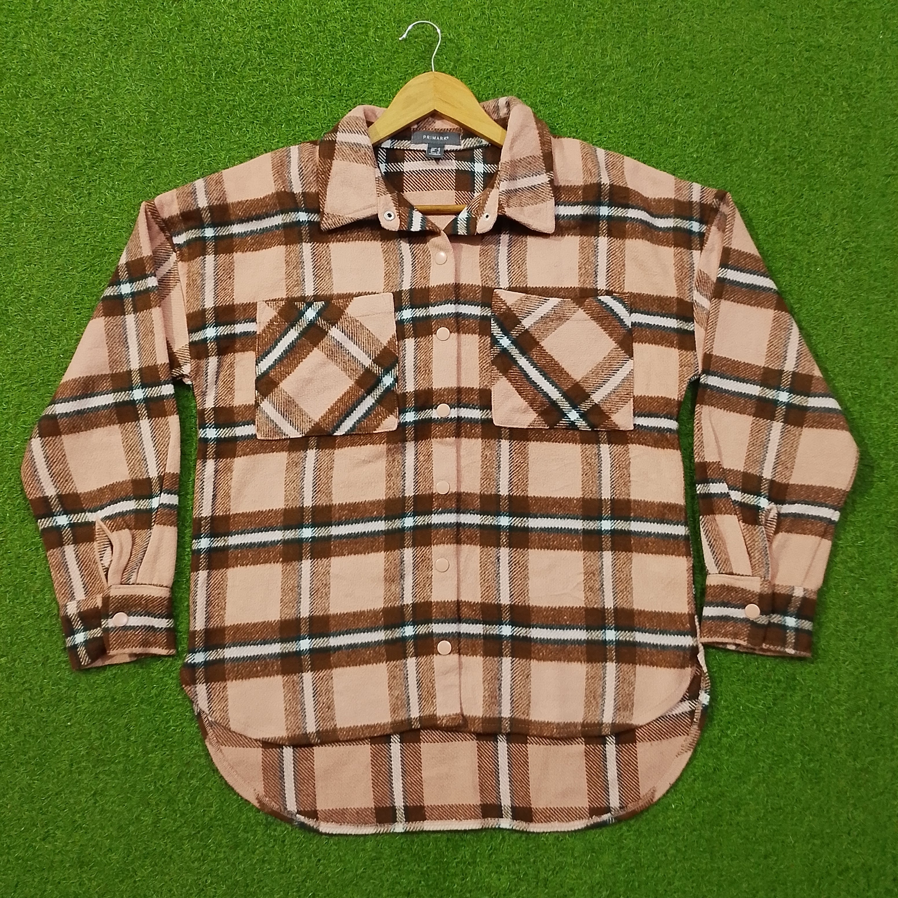 Pink & Brown Plaid Drop-Shoulder Flannel Button-Down Shirt - Front View
