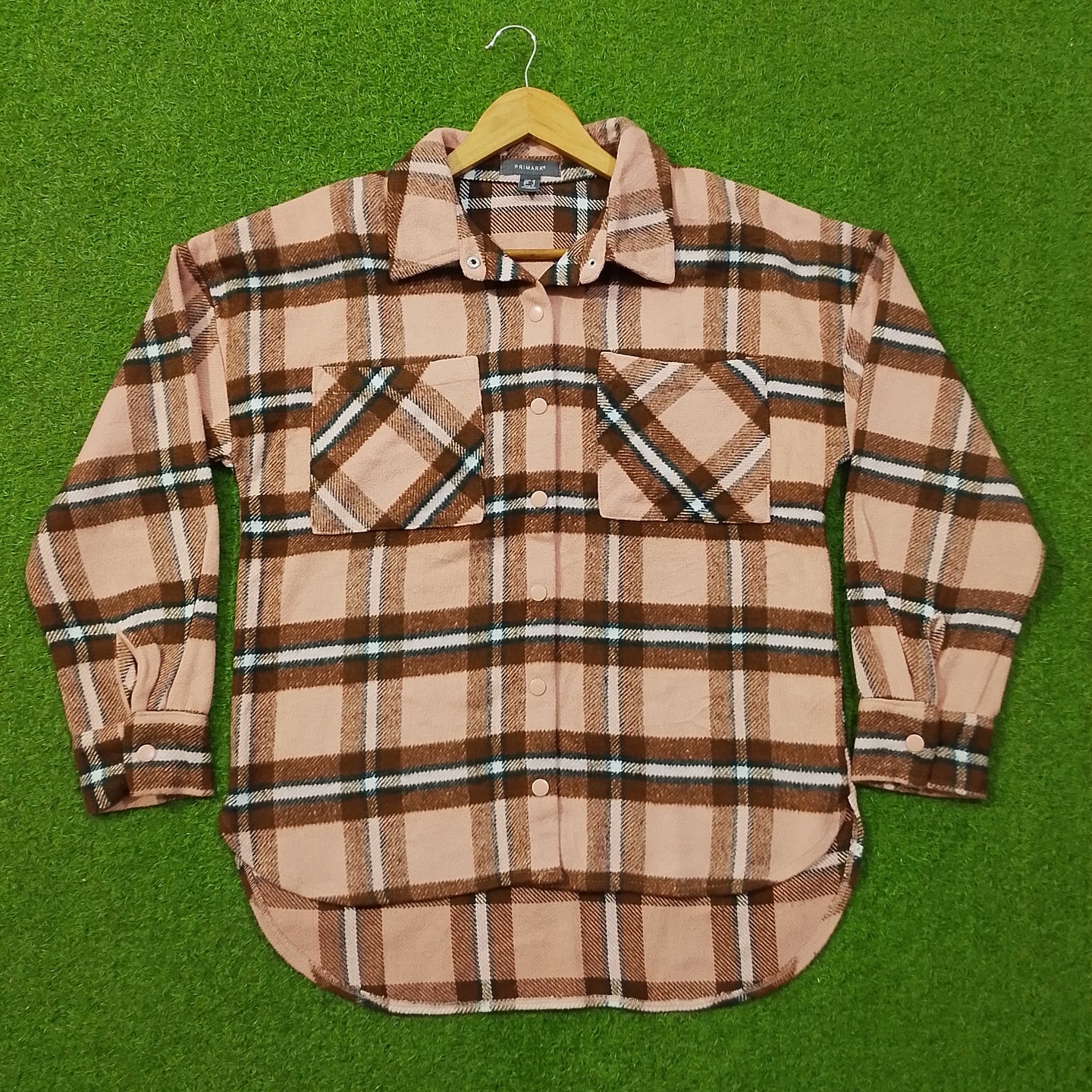 Pink & Brown Plaid Drop-Shoulder Flannel Button-Down Shirt - Front View