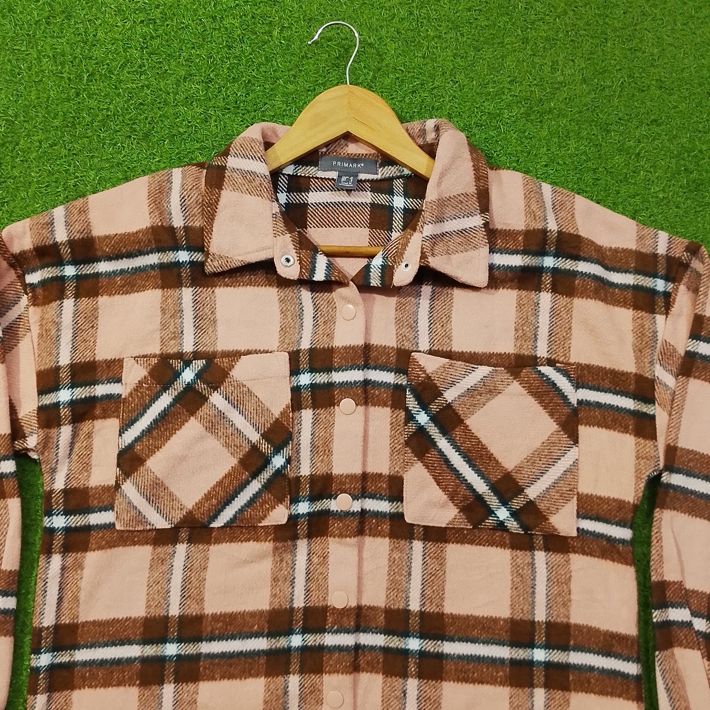 Pink & Brown Plaid Drop-Shoulder Flannel Button-Down Shirt - Detail View