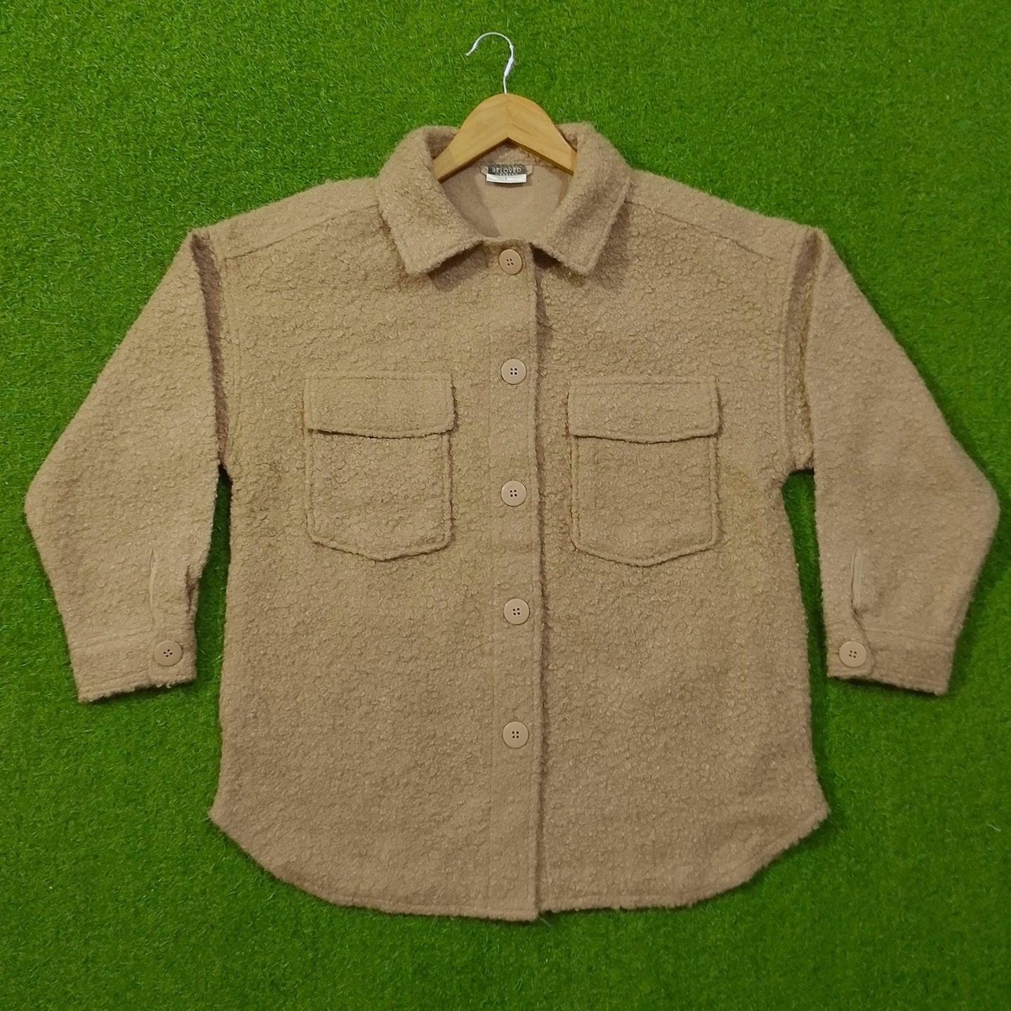 Beige Textured Drop-Shoulder Button-Down Shirt with Dual Chest Pockets