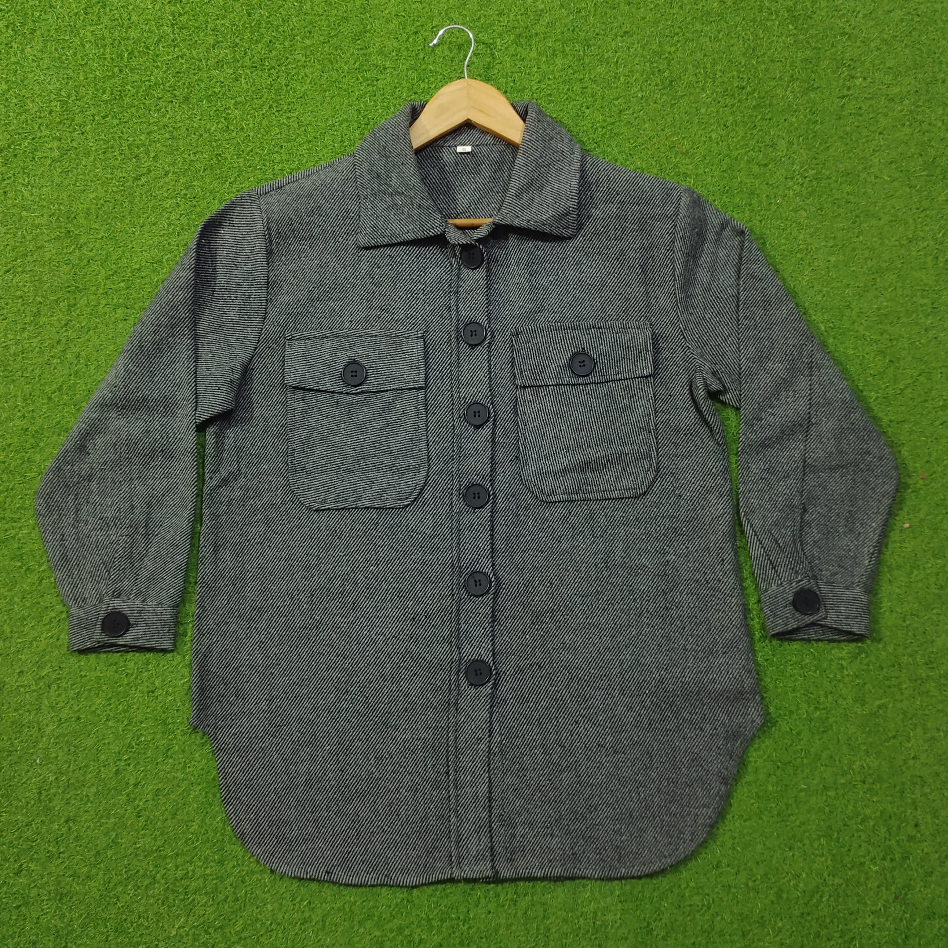 Black & Grey Herringbone Twill Button-Down Shirt with Dual Chest Pockets
