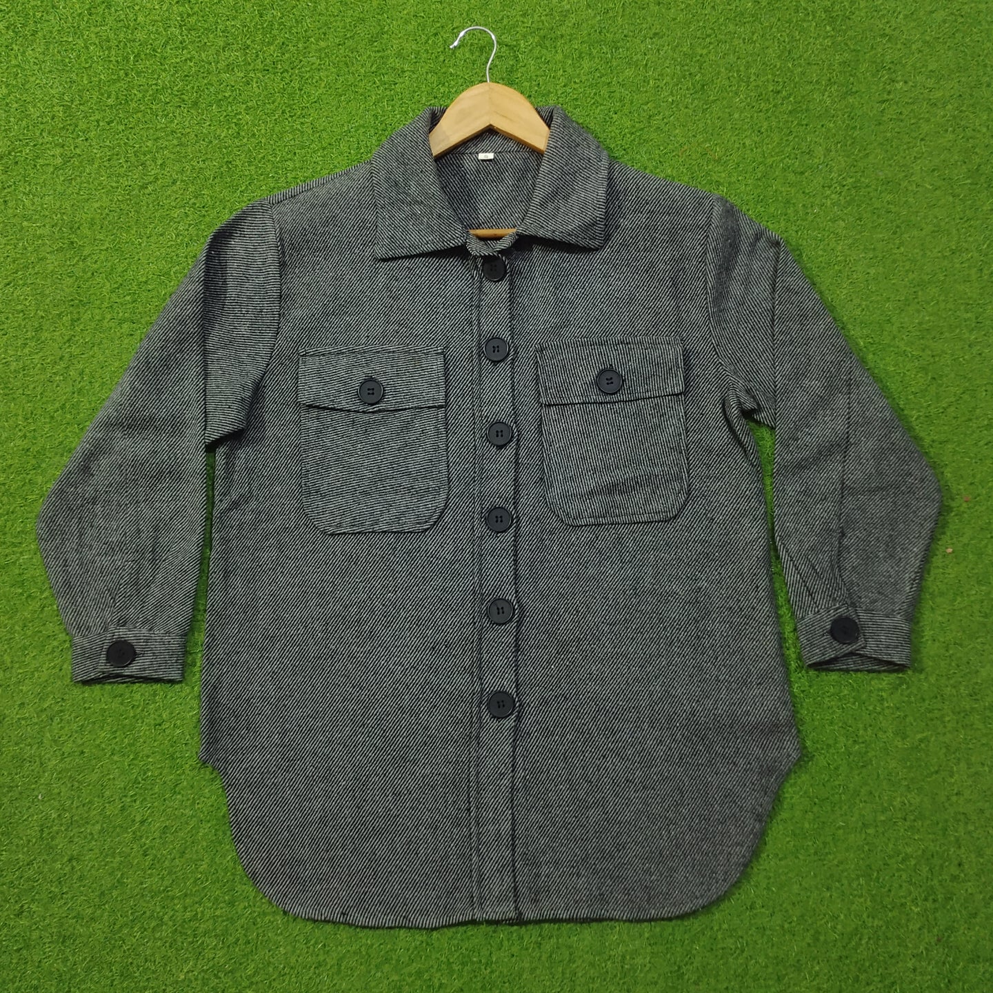 Black & Grey Herringbone Twill Button-Down Shirt with Dual Chest Pockets
