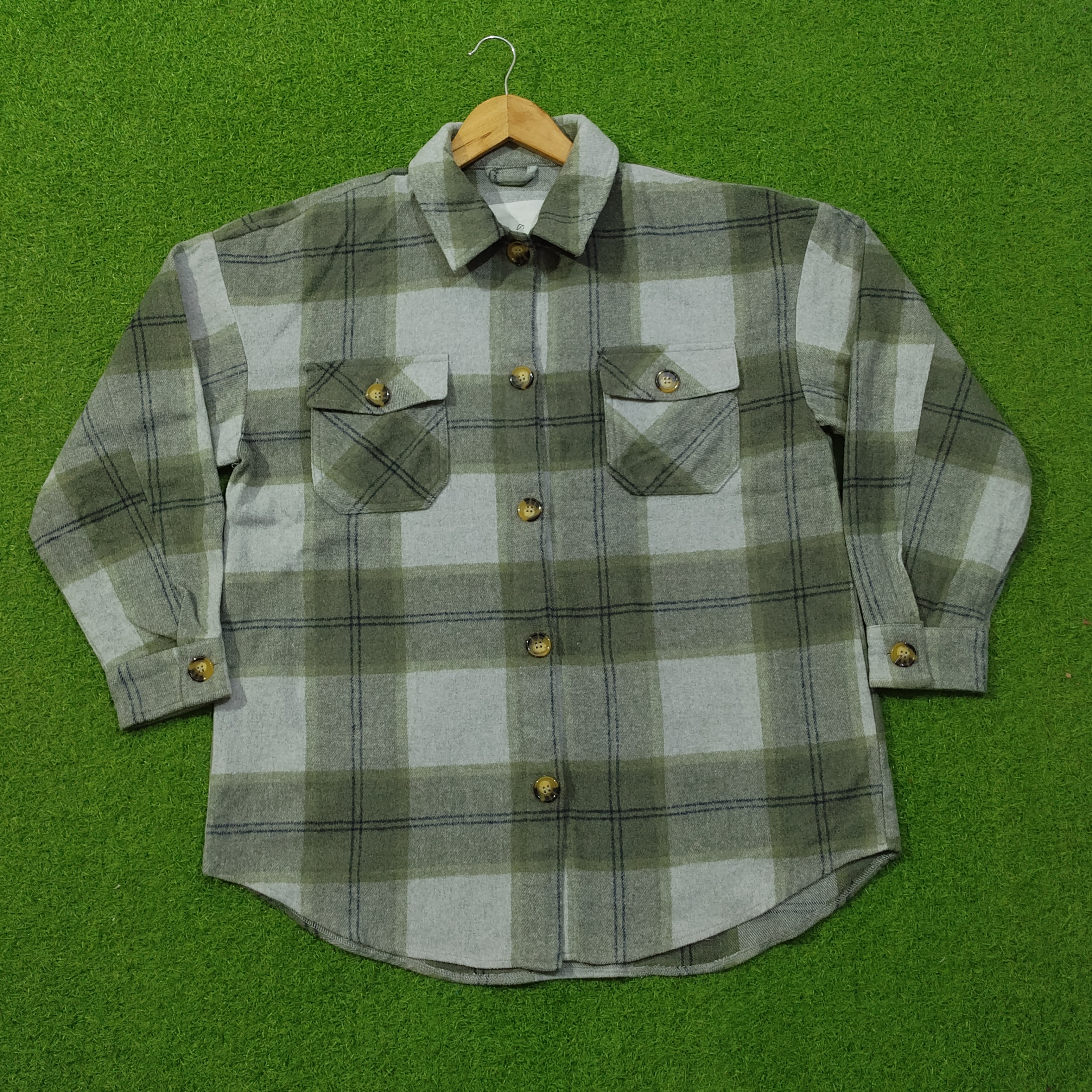 Green & White Plaid Drop-Shoulder Flannel Button-Down Shirt