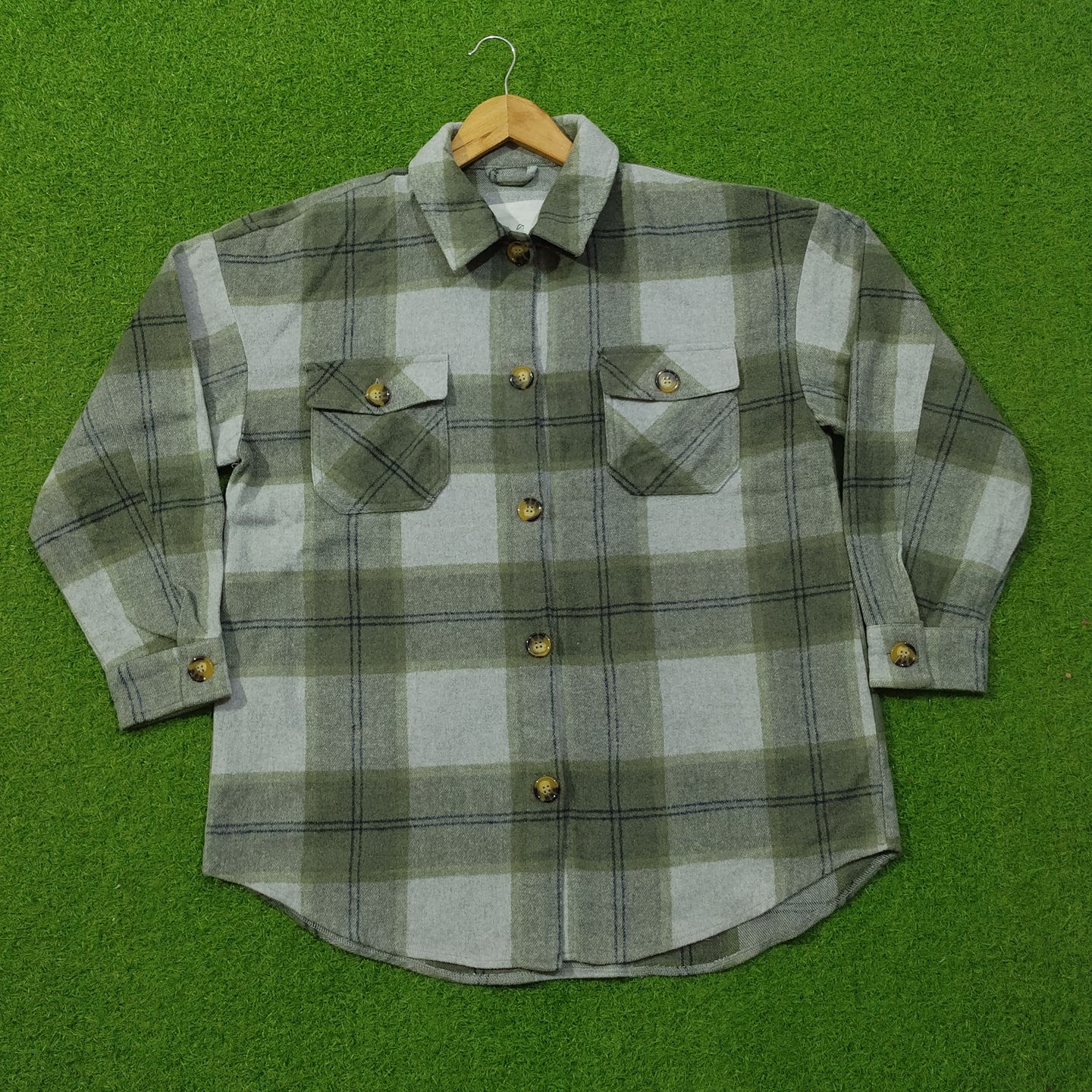 Green & White Plaid Drop-Shoulder Flannel Button-Down Shirt