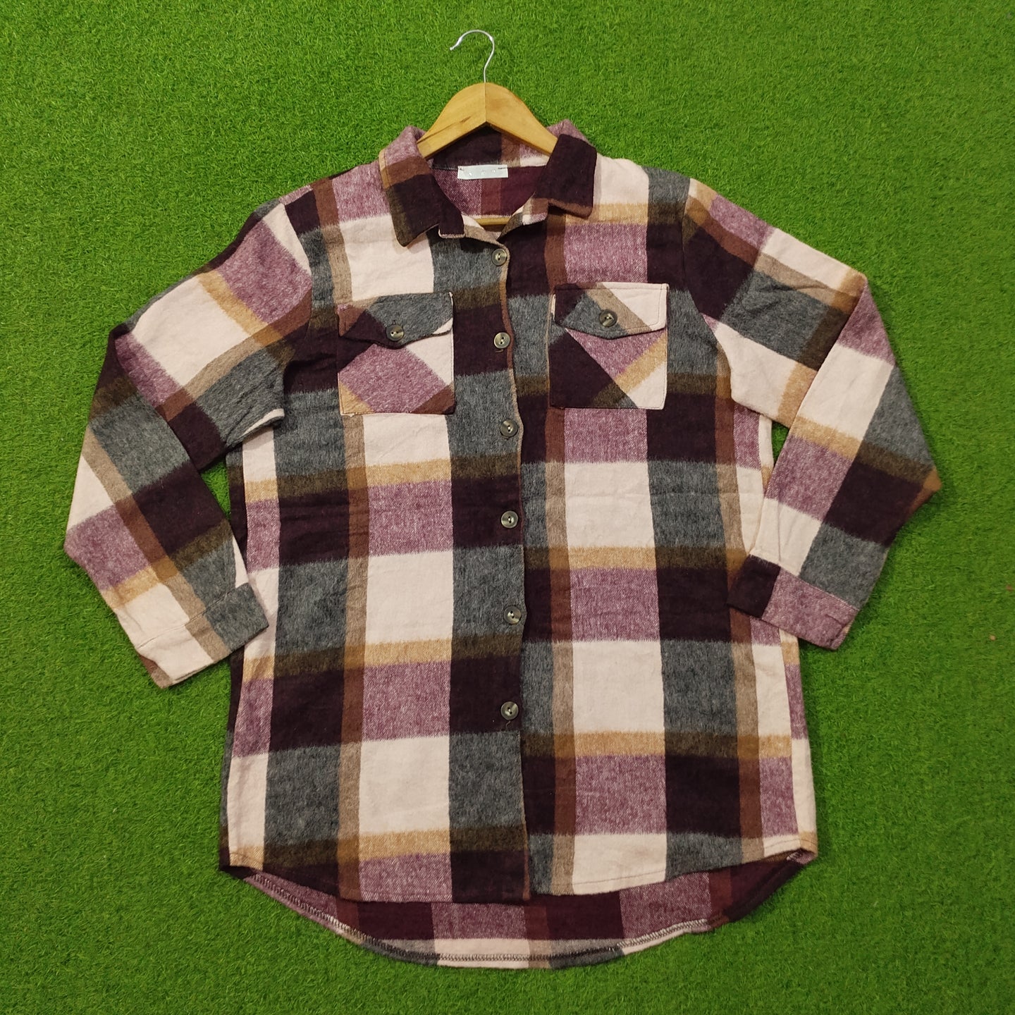 Multicolor Plaid Flannel Button-Down Shirt - Front View 1