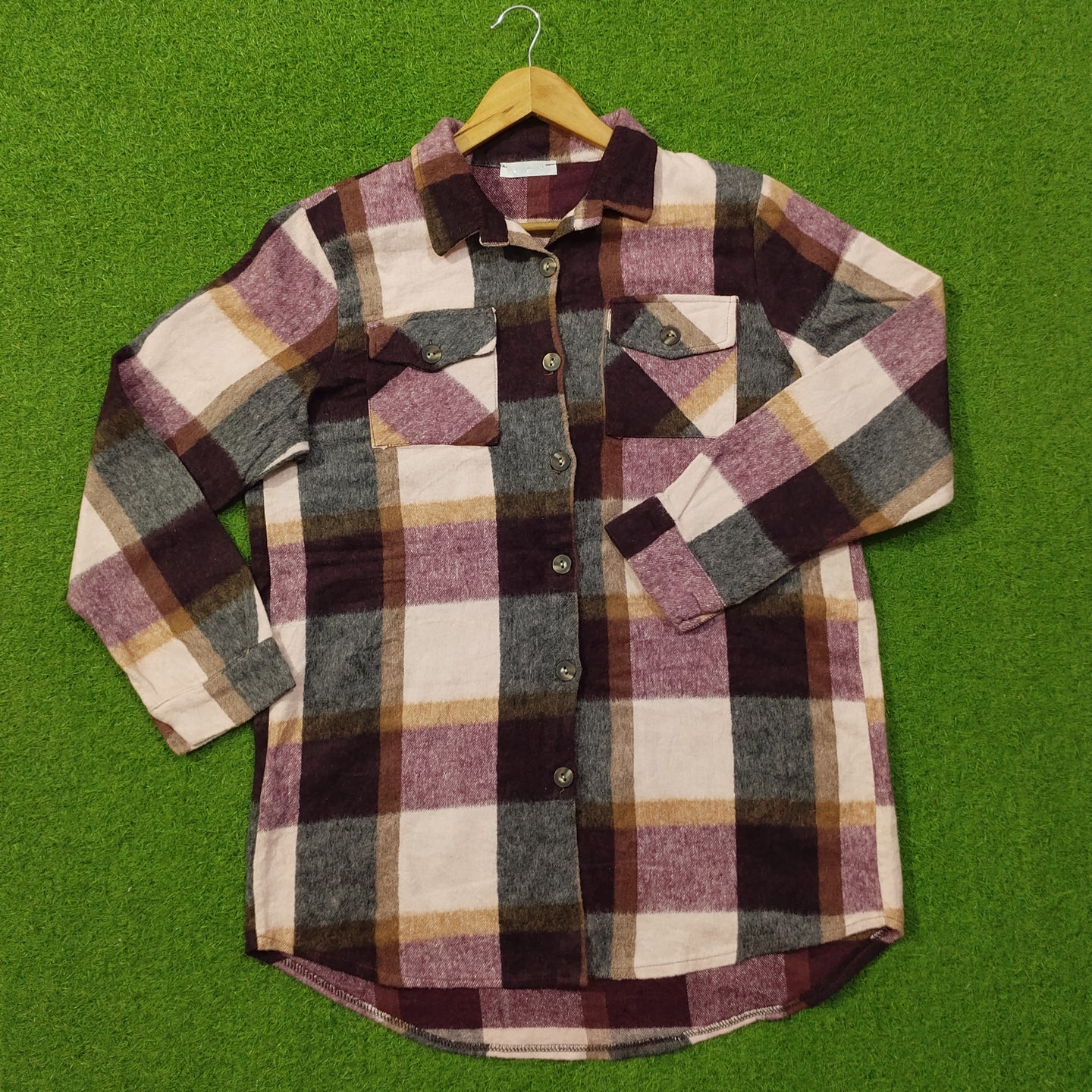 Multicolor Plaid Flannel Button-Down Shirt - Front View 3