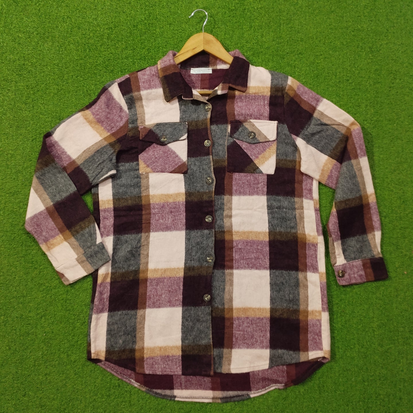 Multicolor Plaid Flannel Button-Down Shirt - Front View 2