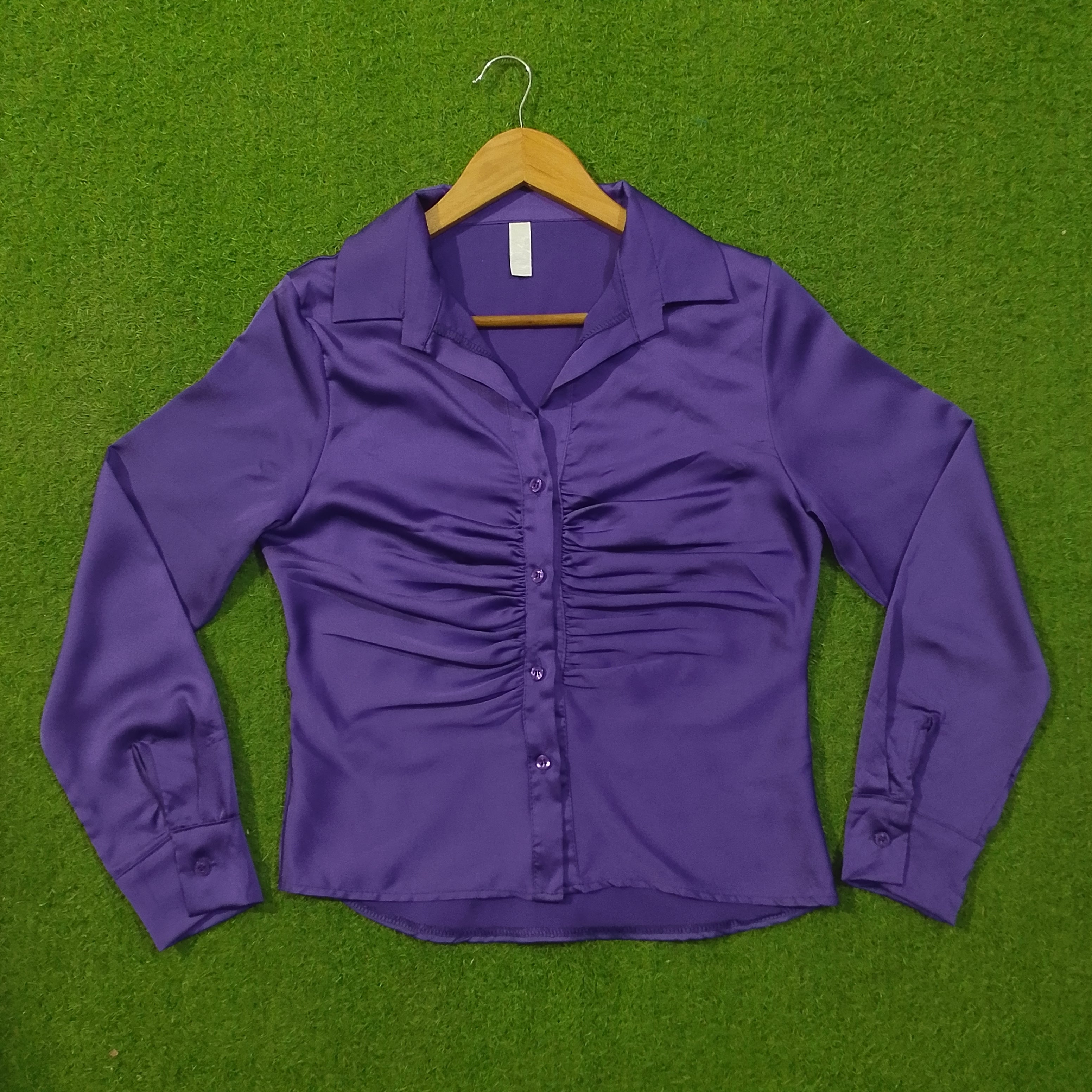 Purple Ruched Button-Down Full Sleeve Silk Shirt