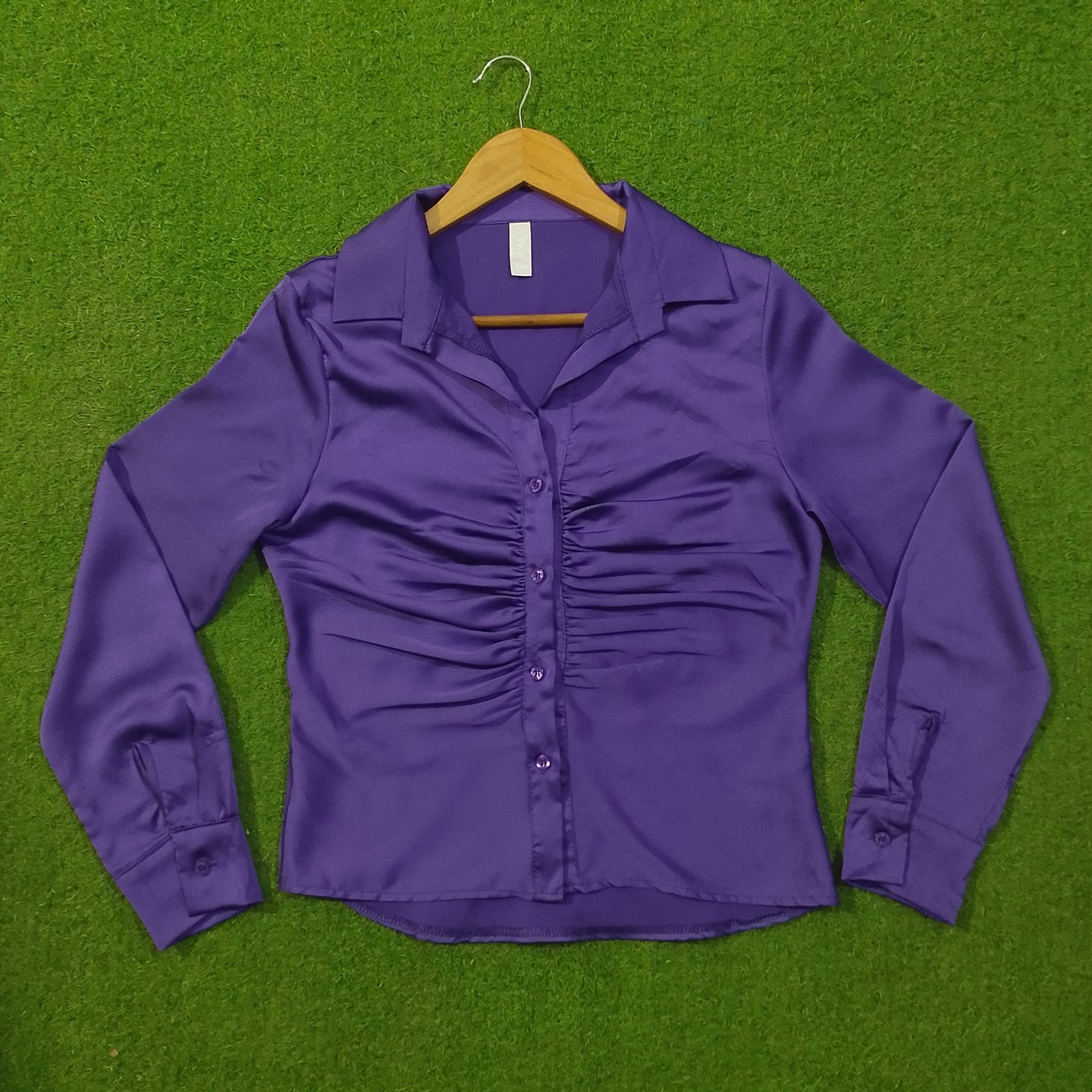 Purple Ruched Button-Down Full Sleeve Silk Shirt