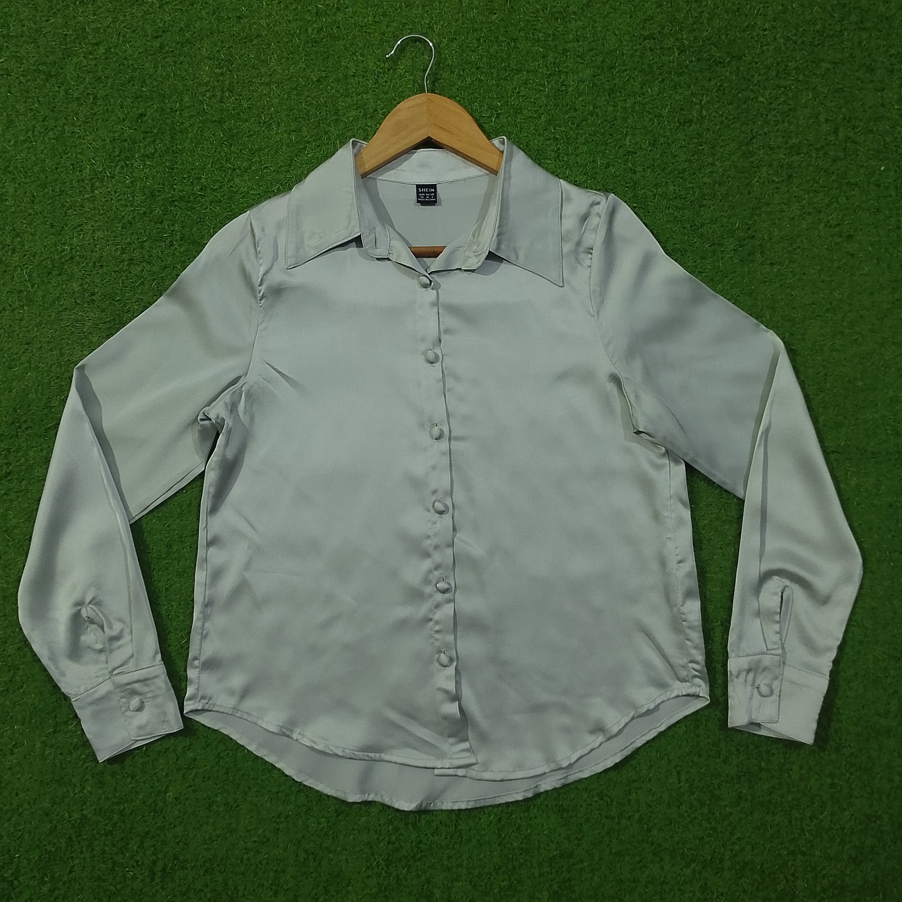 Light Grey Satin Silk Button-Down Collared Shirt