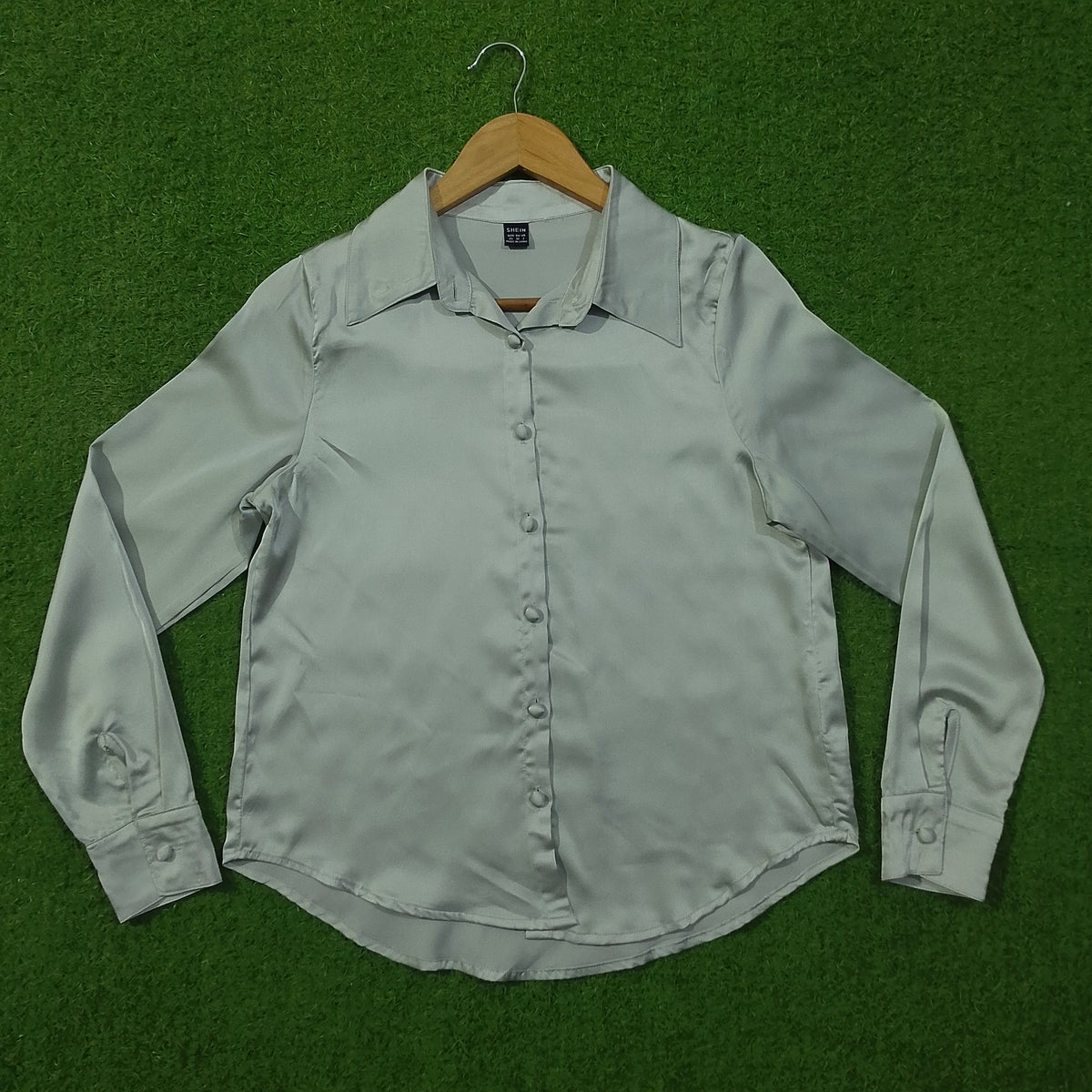 Light Grey Satin Silk Button-Down Collared Shirt