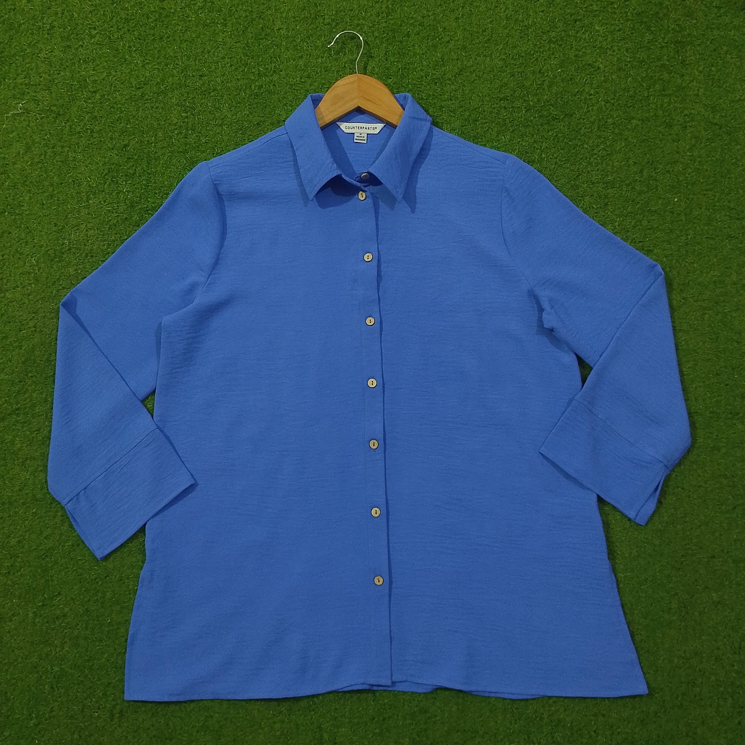 Blue Crush Chiffon Button-Down Collared 3/4 Sleeve Shirt - Front