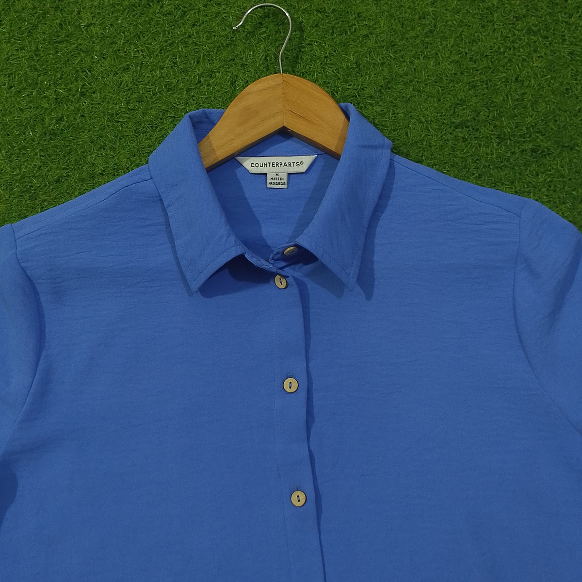 Blue Crush Chiffon Button-Down Collared 3/4 Sleeve Shirt - Label