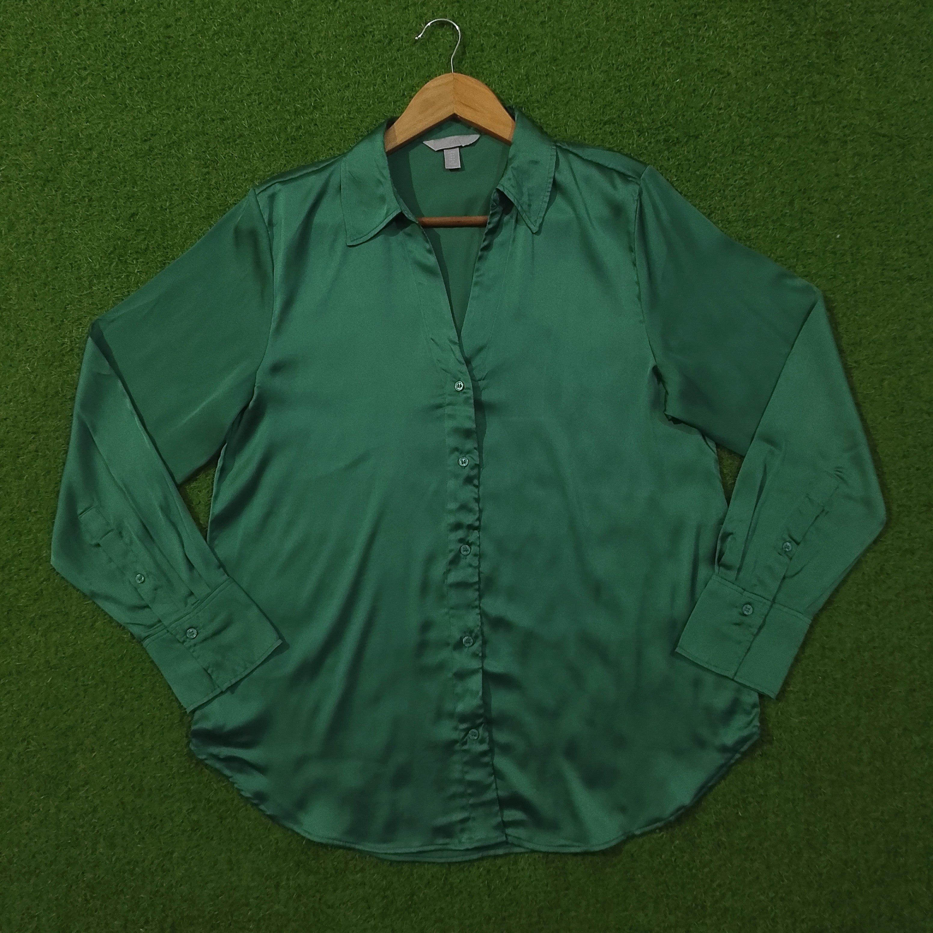 Green Satin Silk Button-Down Collared Full Sleeve Shirt