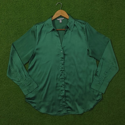 Green Satin Silk Button-Down Collared Full Sleeve Shirt