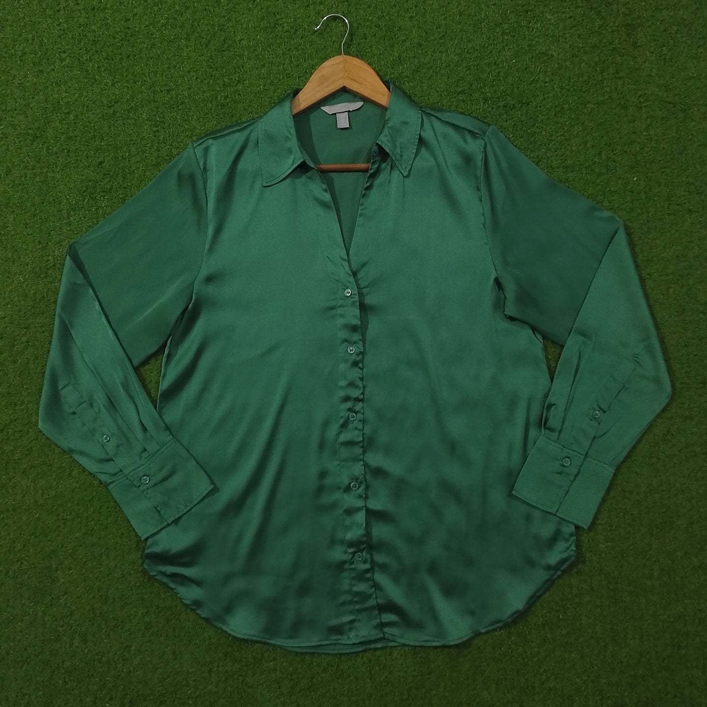 Green Satin Silk Button-Down Collared Full Sleeve Shirt