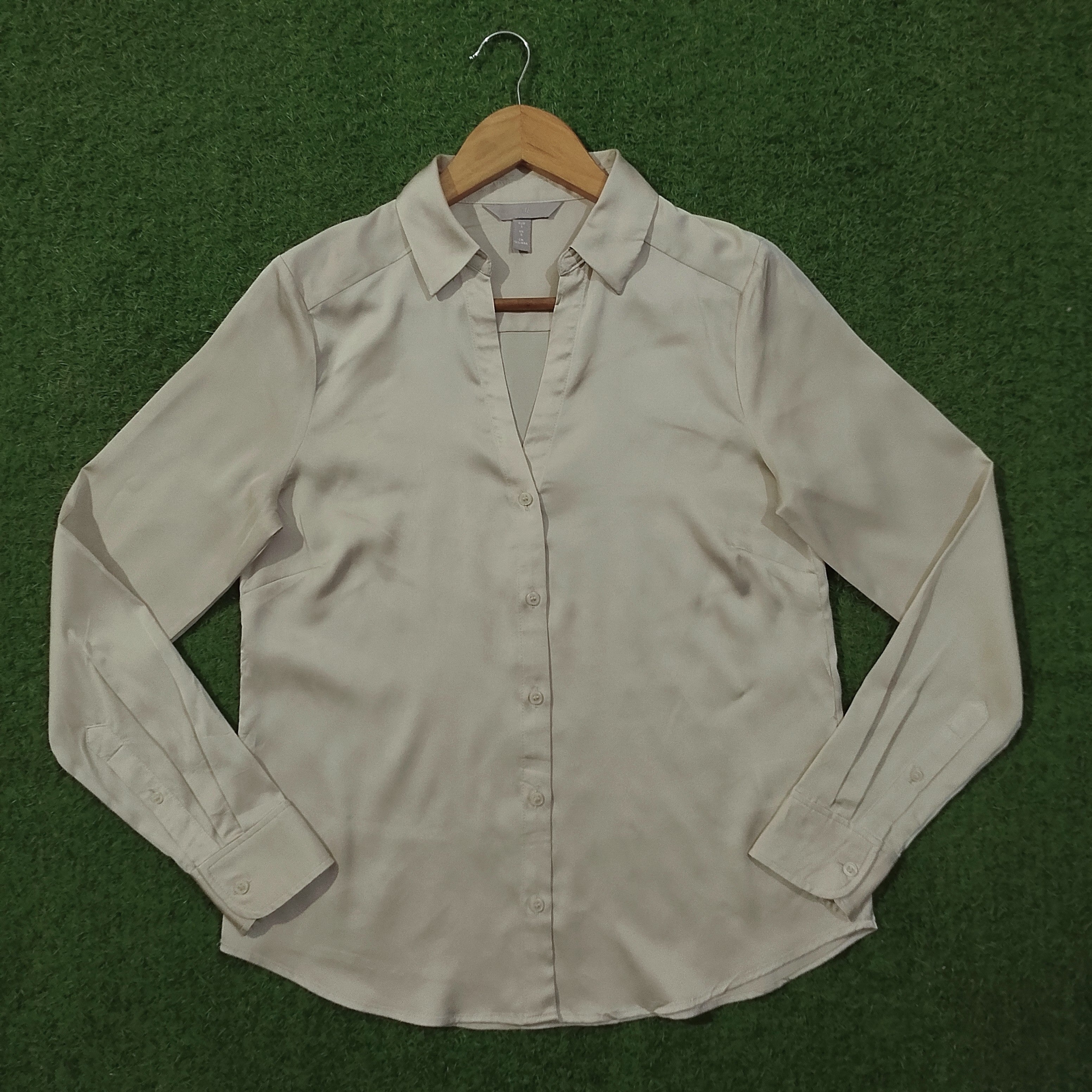 Cream Satin Silk Button-Down Collared Full Sleeve Shirt