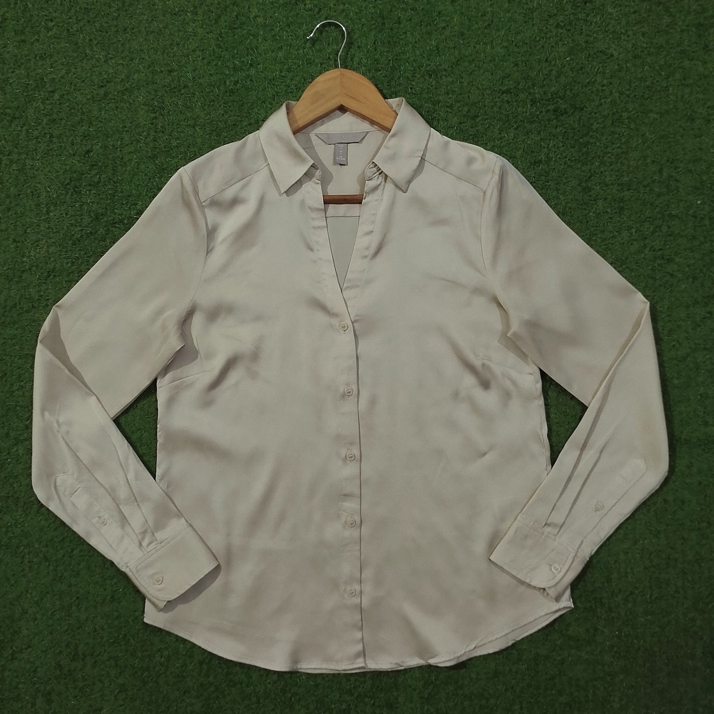 Cream Satin Silk Button-Down Collared Full Sleeve Shirt