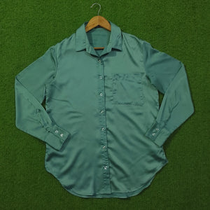 Teal Satin Silk Button-Down Chest Pocket Full Sleeve Shirt