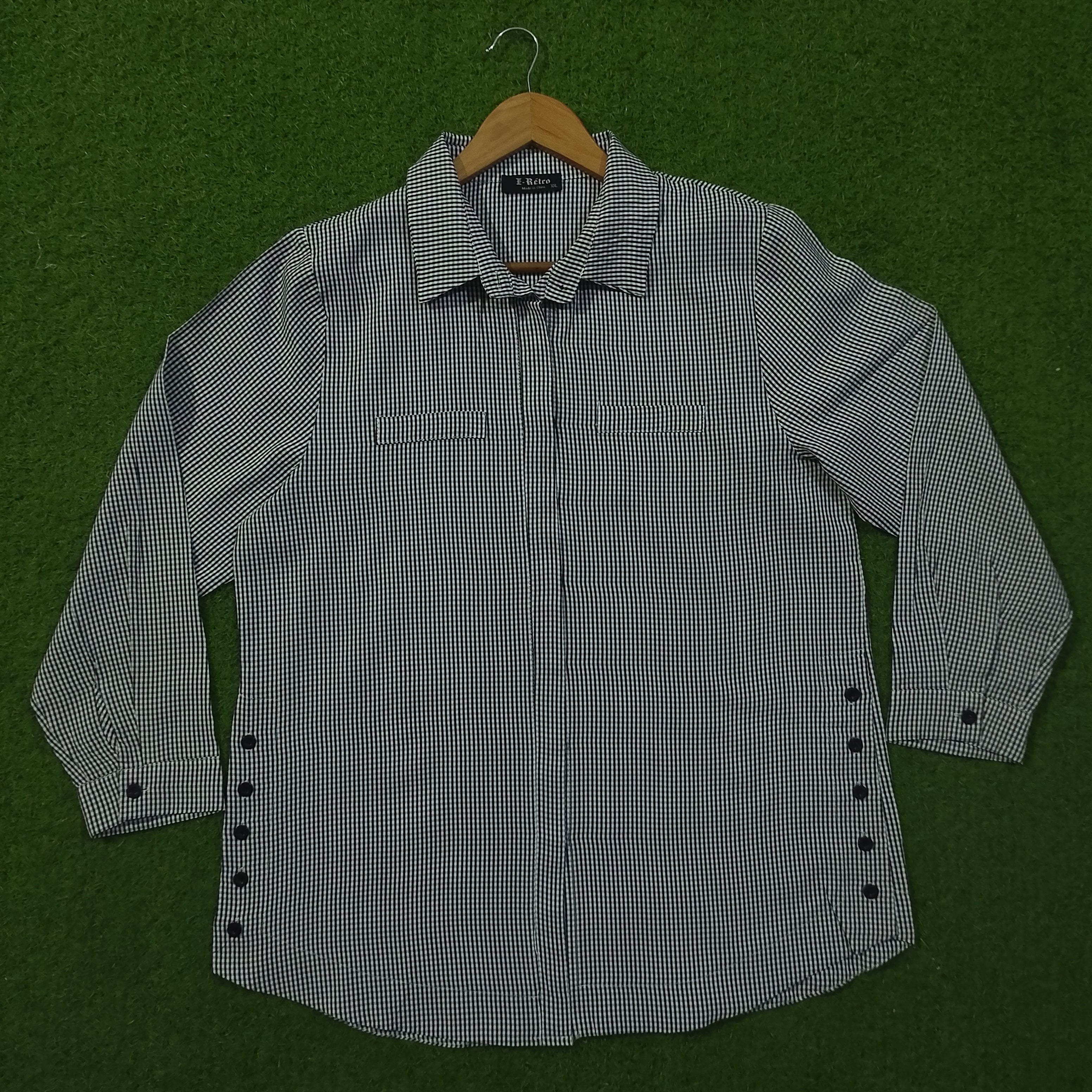 Navy White Gingham Check Dual Pocket Snap Button Full Sleeve Shirt - Front