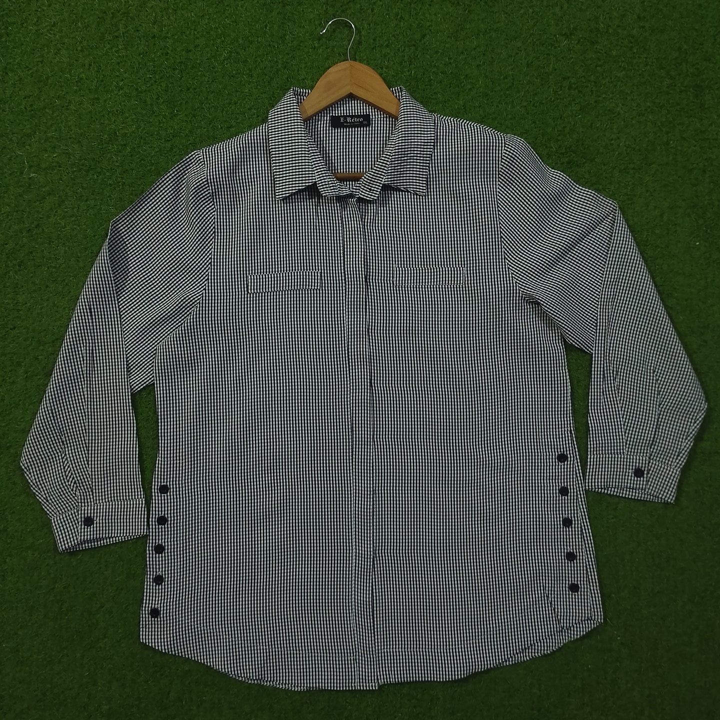 Navy White Gingham Check Dual Pocket Snap Button Full Sleeve Shirt - Front