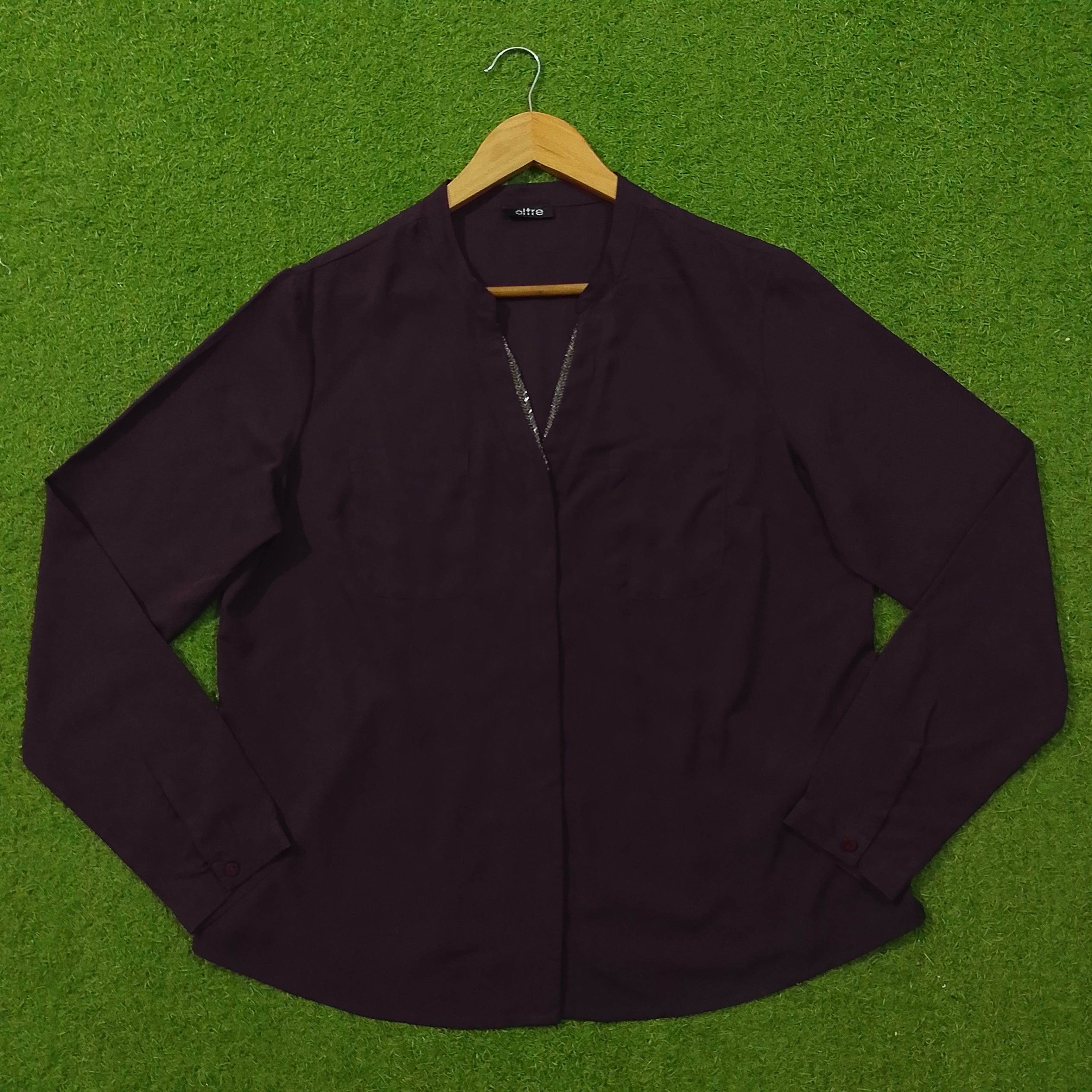 Dark Plum V-Neck Sequin Trim Chiffon Full Sleeve Top