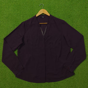 Dark Plum V-Neck Sequin Trim Chiffon Full Sleeve Top