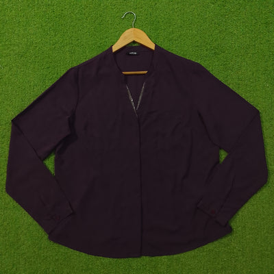 Dark Plum V-Neck Sequin Trim Chiffon Full Sleeve Top
