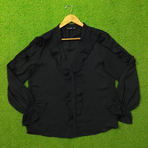 Black Ruffle V-Neck Puff Sleeve Chiffon Button-Down Top
