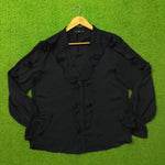 Black Ruffle V-Neck Puff Sleeve Chiffon Button-Down Top - Front