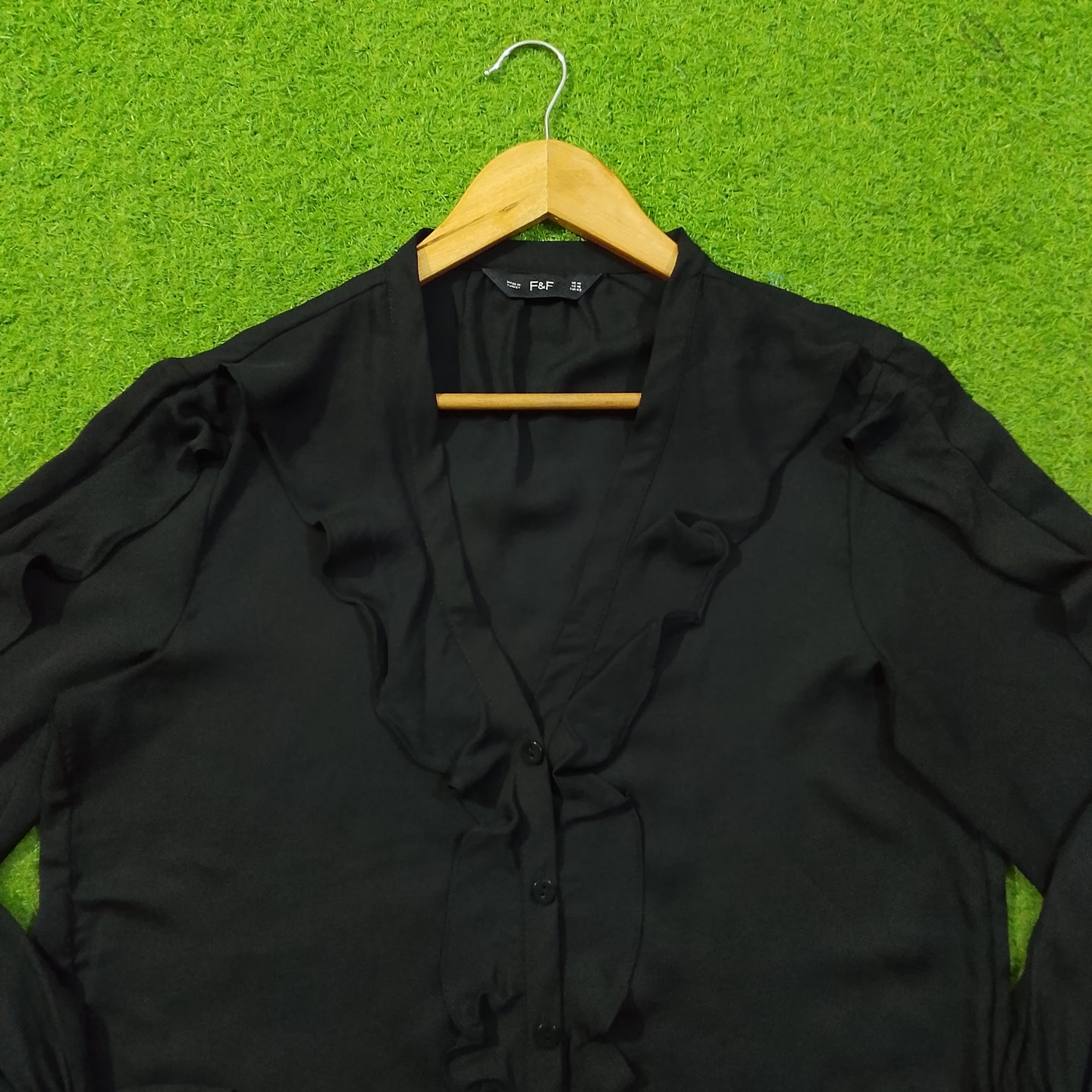 Black Ruffle V-Neck Puff Sleeve Chiffon Button-Down Top - Neckline Detail