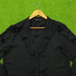Black Ruffle V-Neck Puff Sleeve Chiffon Button-Down Top - Neckline Detail
