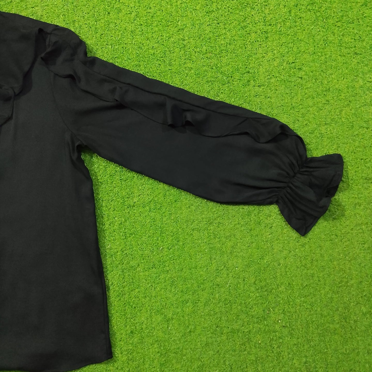 Black Ruffle V-Neck Puff Sleeve Chiffon Button-Down Top - Sleeve Detail