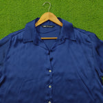 Royal Blue Satin Silk Open Collar Button-Down Cuffed Sleeve Shirt - Label Detail