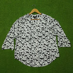 White Black Abstract Print V-Neck Button-Down 3/4 Sleeve Chiffon Shirt - Front